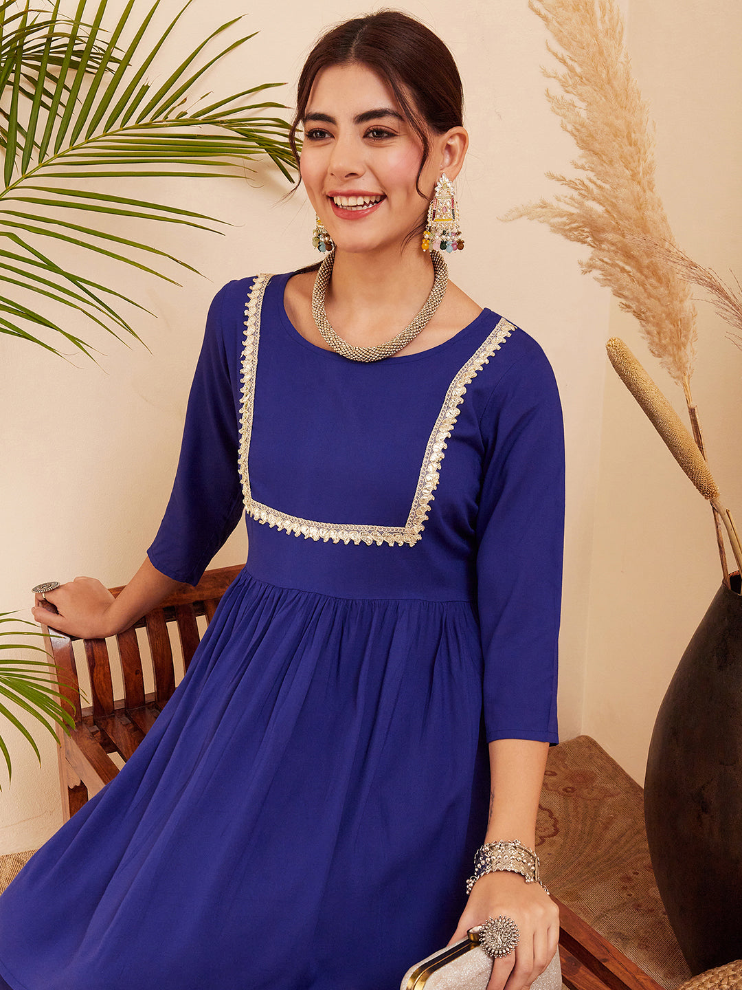 InWeave Women's Blue Round Neck Square Gota Work Kurta Pant Set