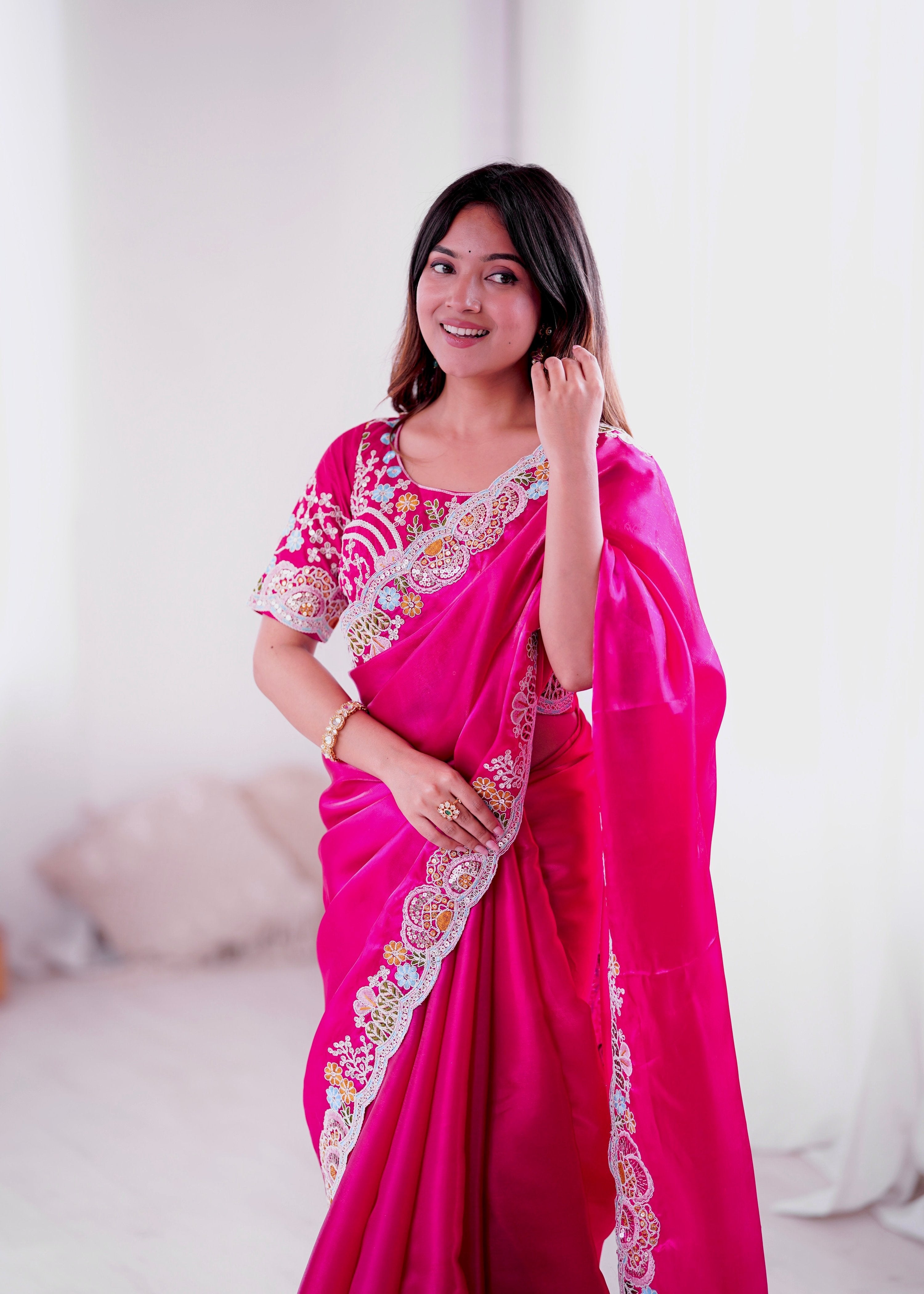 Lorenvalley Fashion Magenta Jimmy Choo with Embroidery Threads Codding & Sequins Work Saree with Blouse