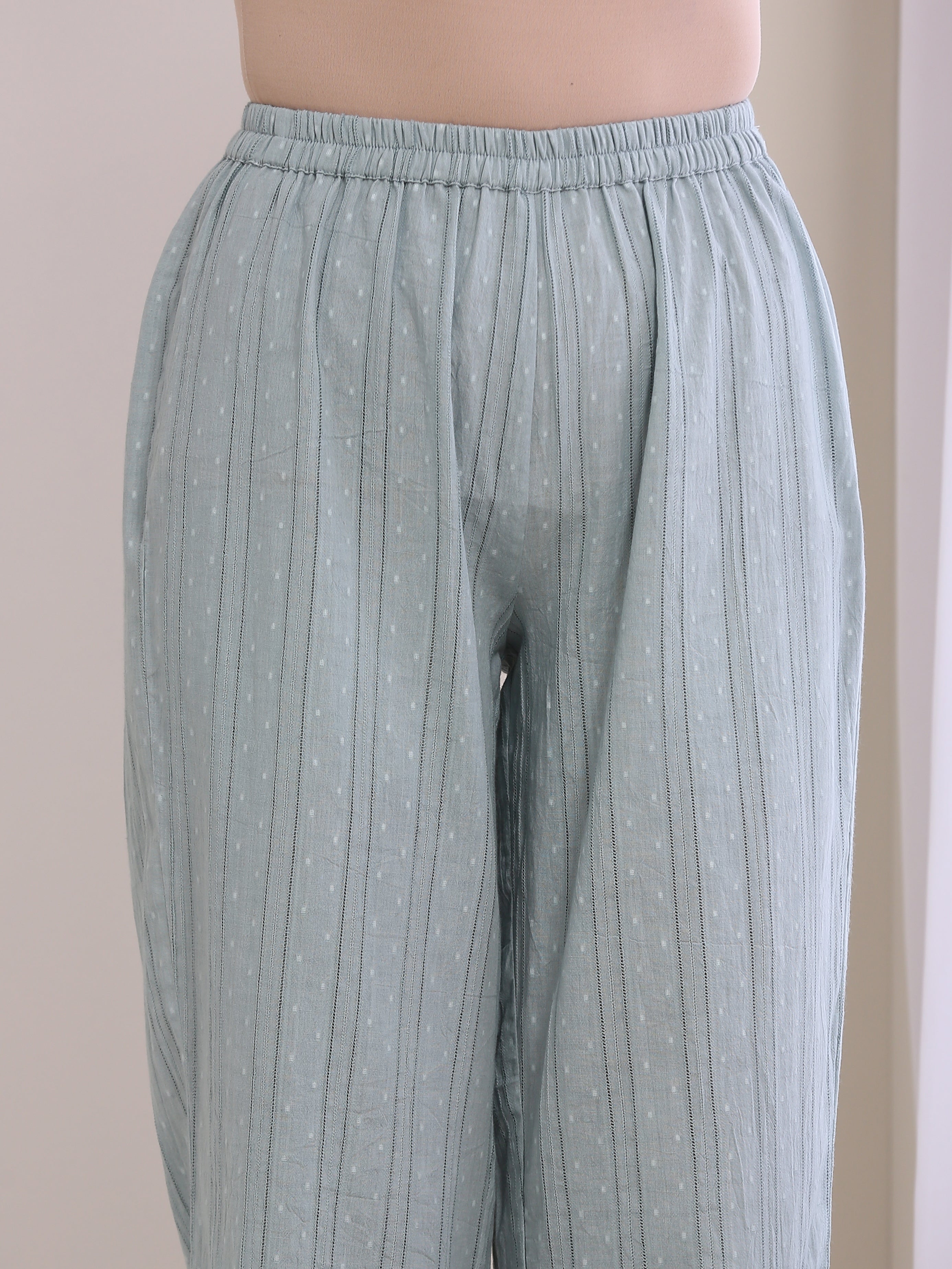 trueBrowns Eggshell Blue Dobby Neck Pleat Kurta Pant Set