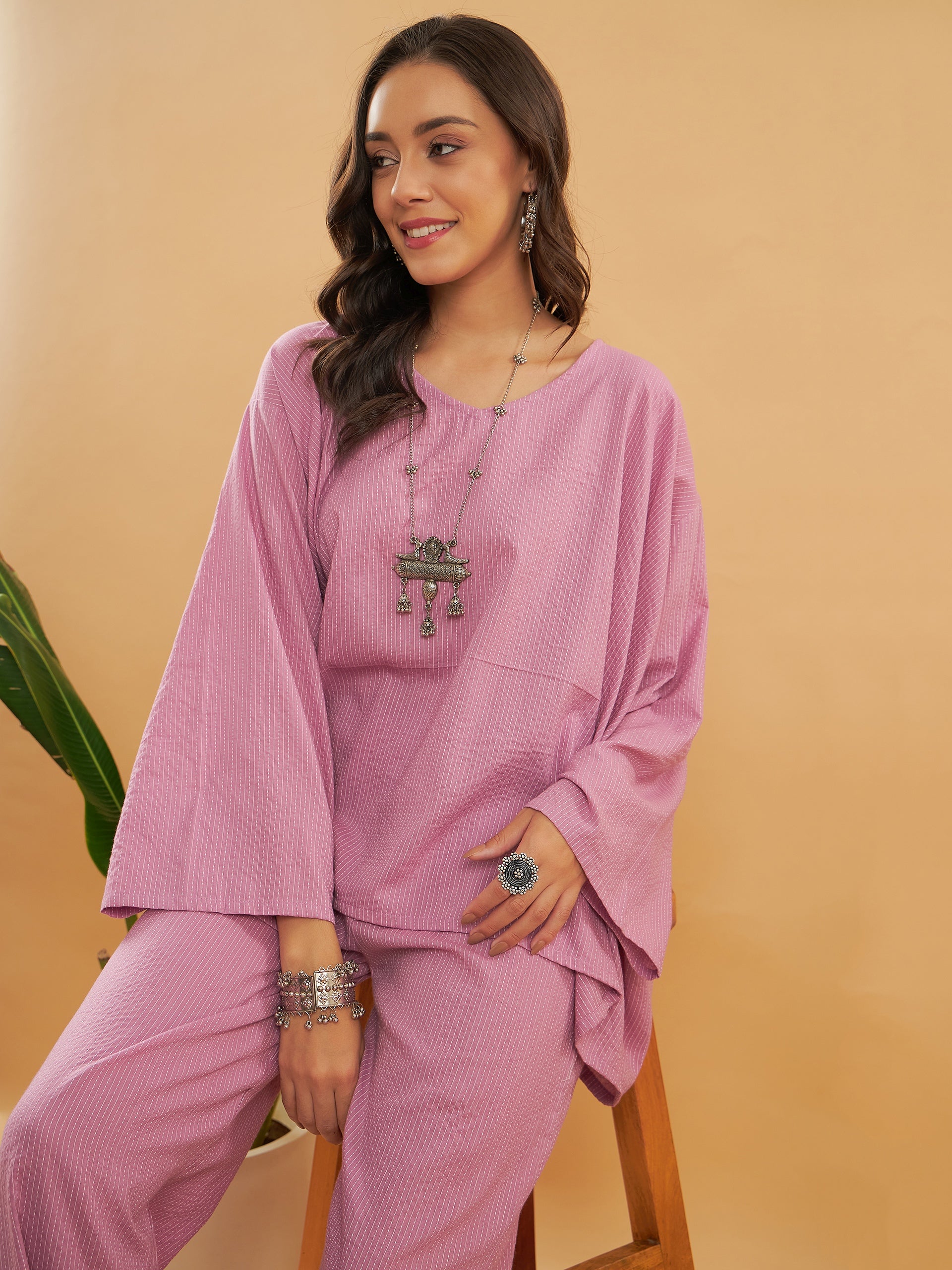 InWeave Women's Mauve Kantha Boho Full Sleeve Coord Set