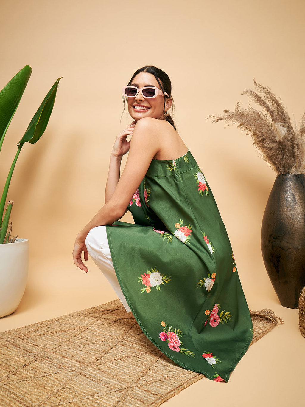 InWeave Women's Green Small Flower One Shoulder Kurta