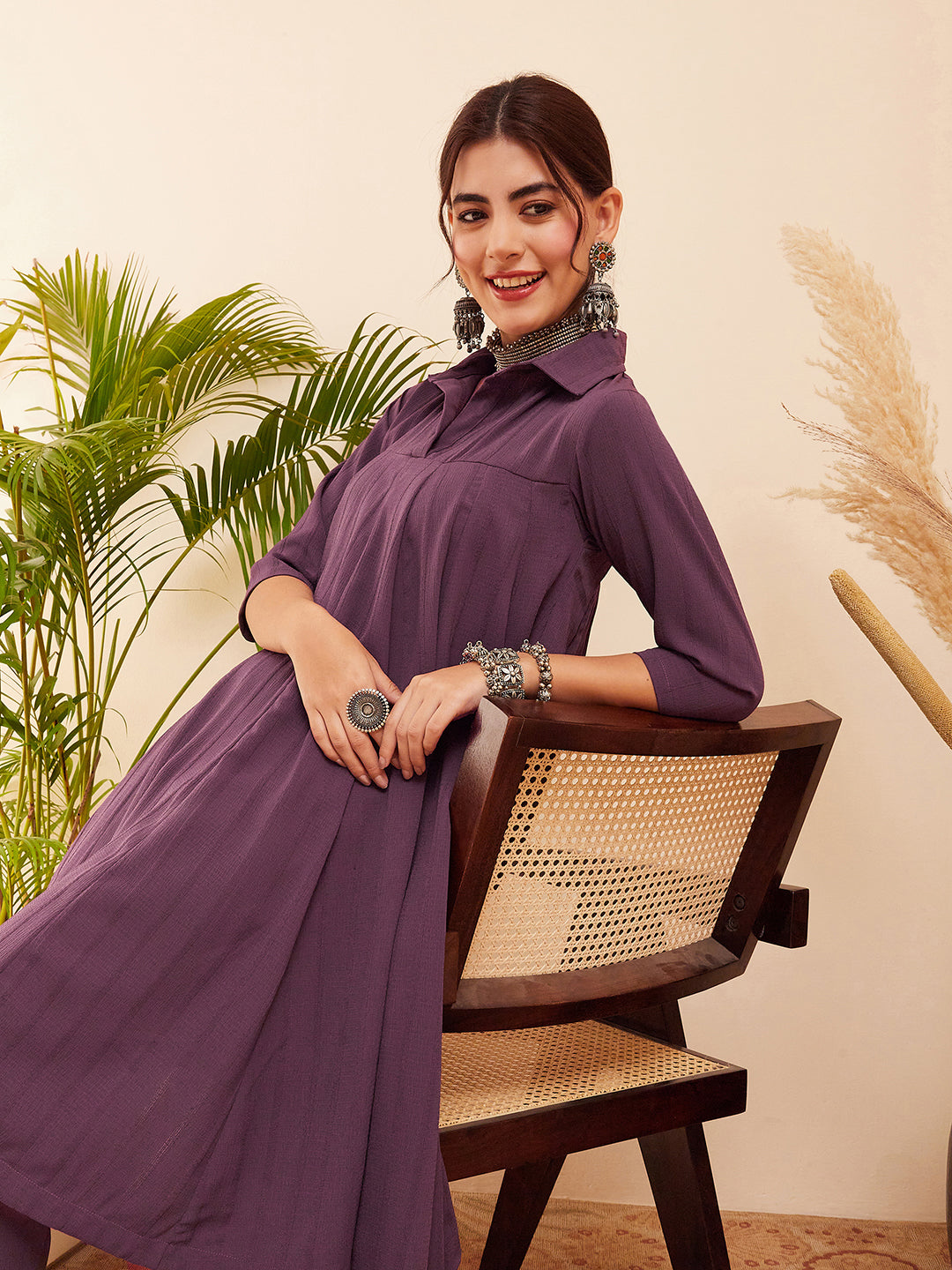 InWeave Women's Graphite Grey Collared Neck Flared Kurta Pant Set