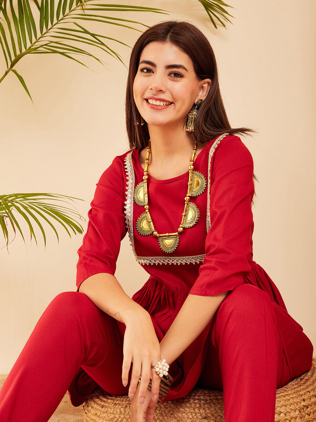 InWeave Women's Maroon Round Neck Square Gota Work Kurta Pant Set
