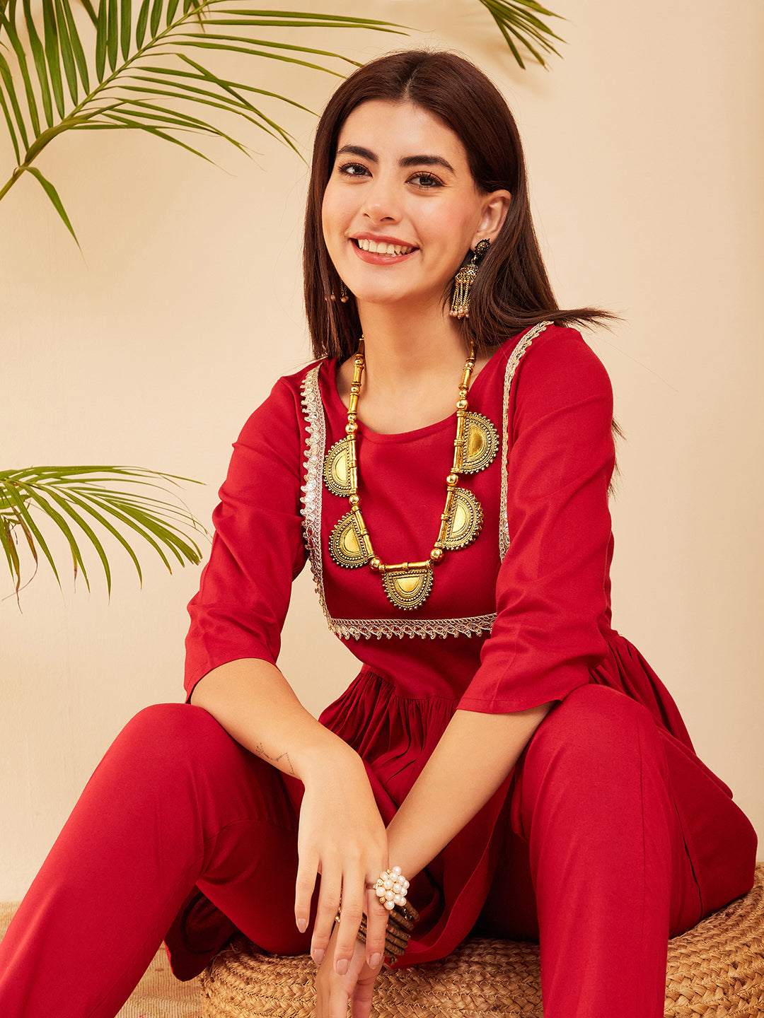 InWeave Women's Maroon Round Neck Square Gota Work Kurta Pant Set