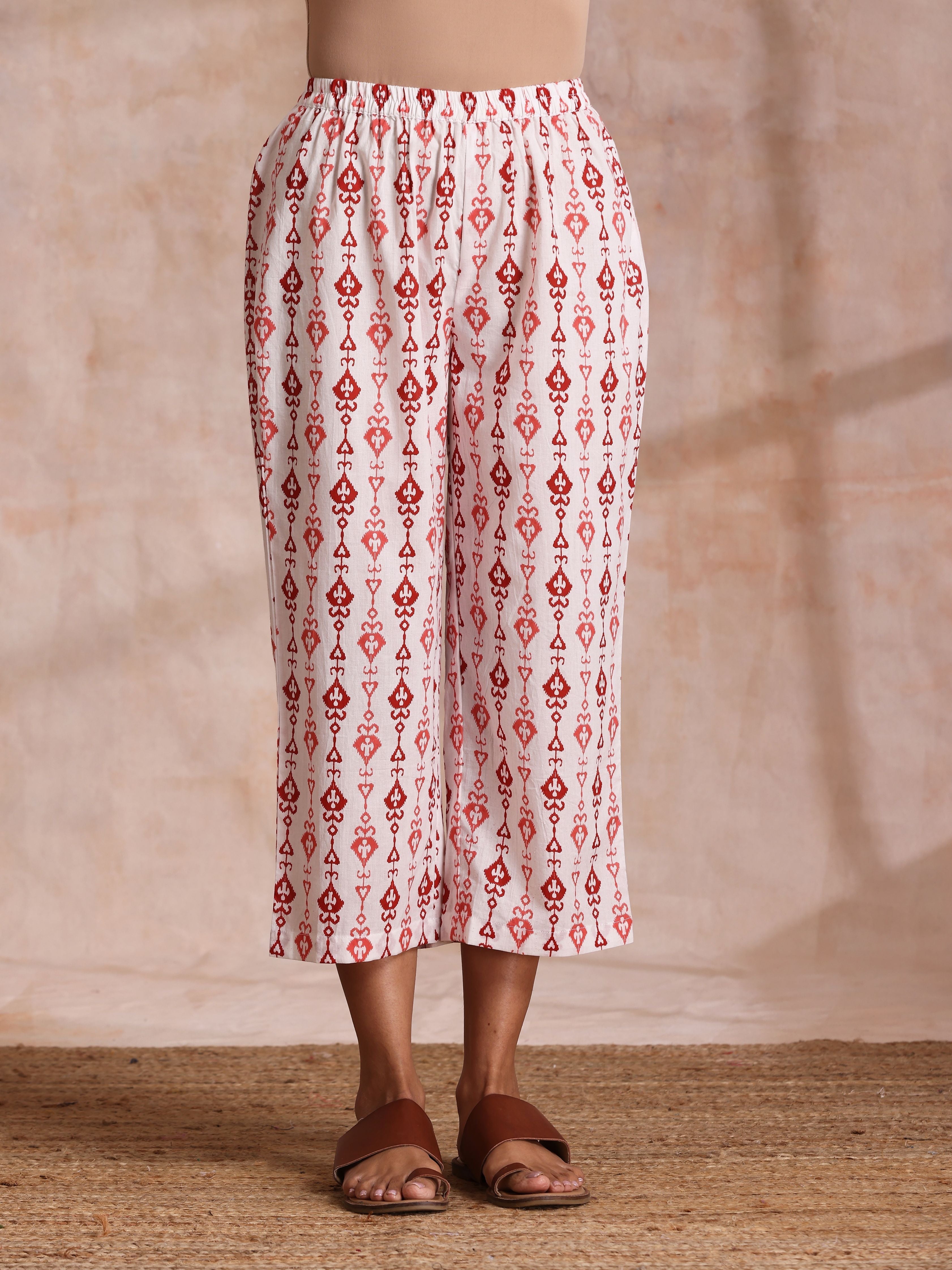 trueBrowns Red On Red Ikat Print Cotton Kurta Pant Set
