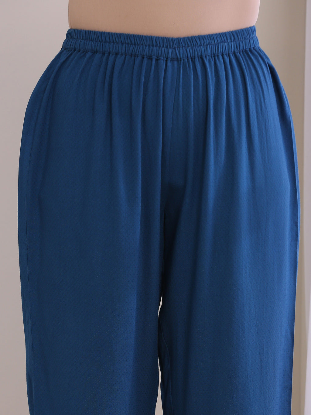 trueBrowns Classic Blue Dobby High Slit Gathered Kurta Set