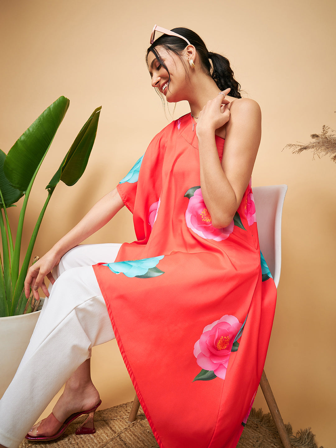 InWeave Women's Dark Orange Pink Blue Flower One Shoulder Kurta