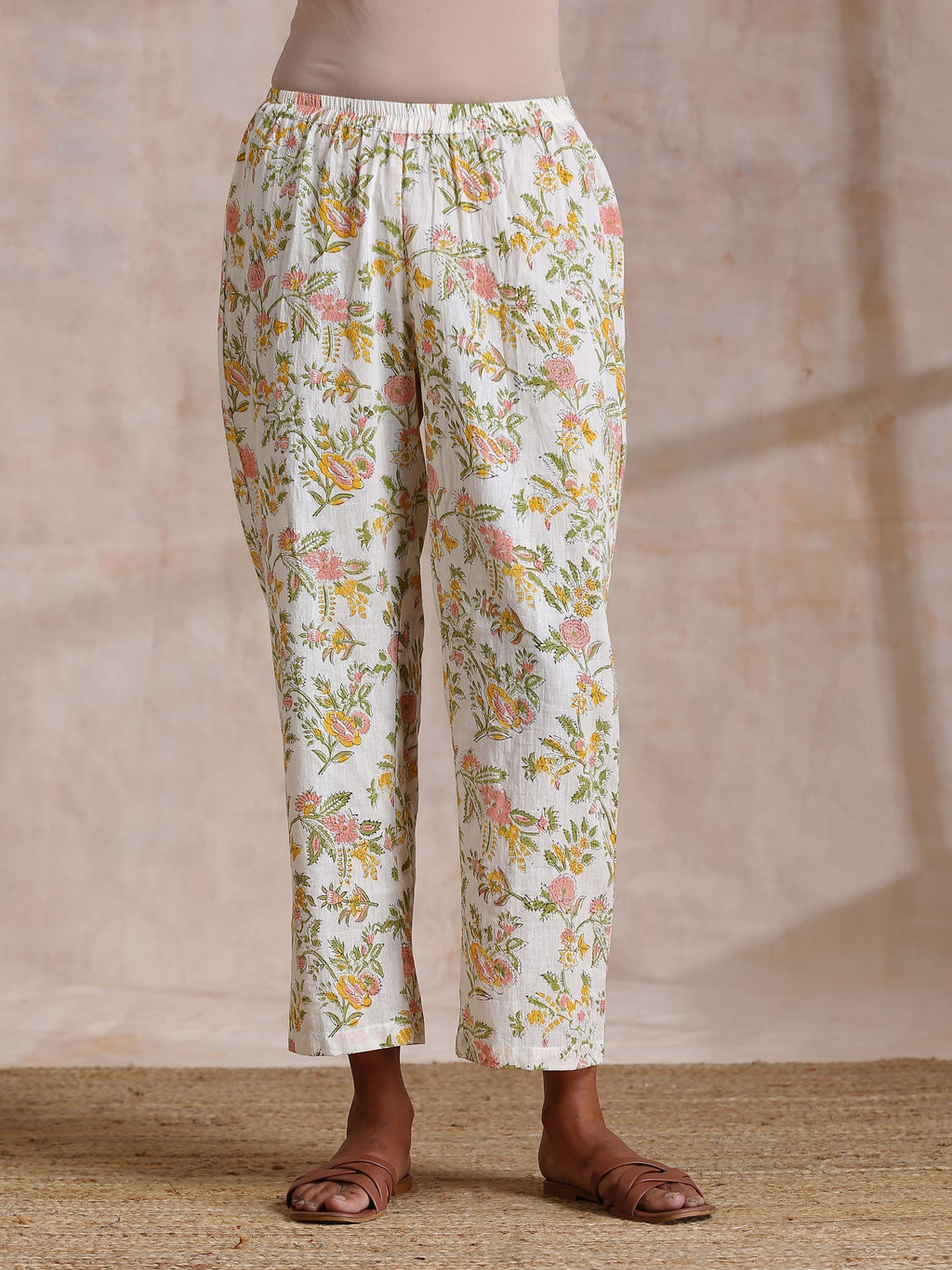 trueBrowns Pink Yellow Floral On White Block Print Cotton Panel Kaftan Kurta Pant Set
