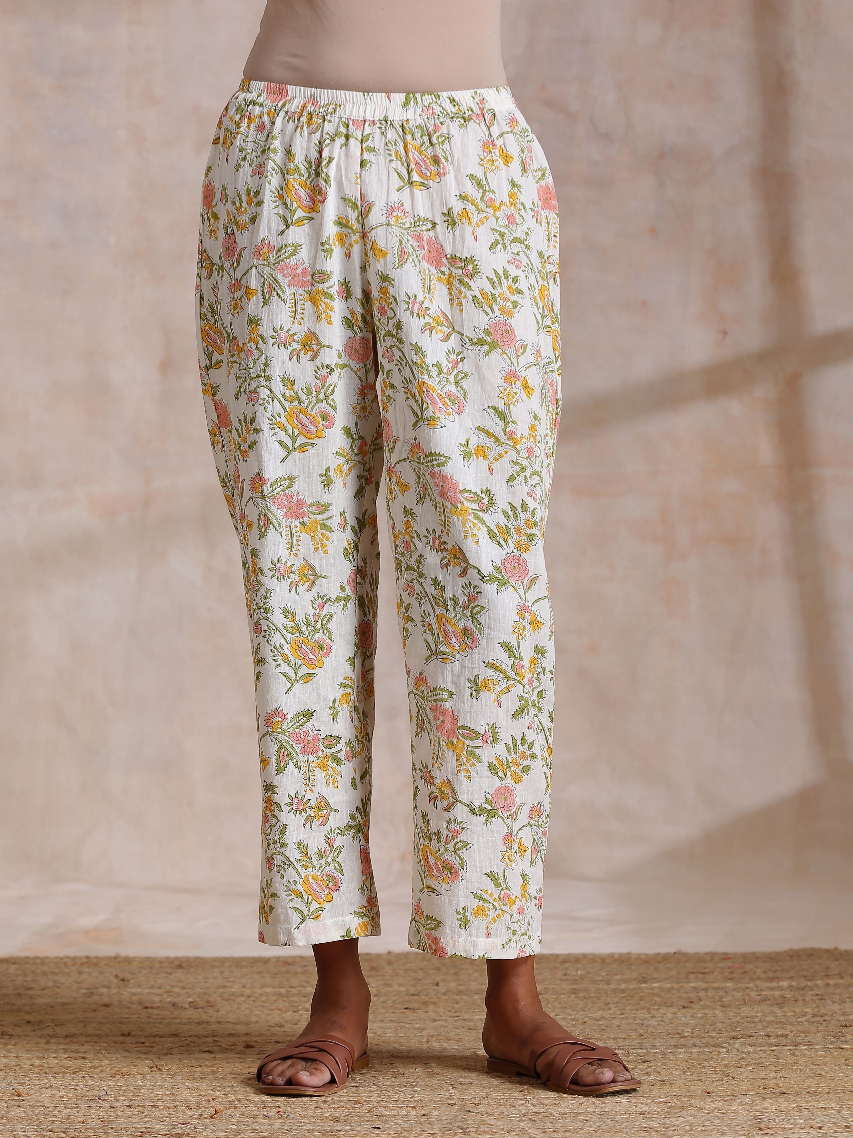 trueBrowns Pink Yellow Floral On White Block Print Cotton Panel Kaftan Kurta Pant Set