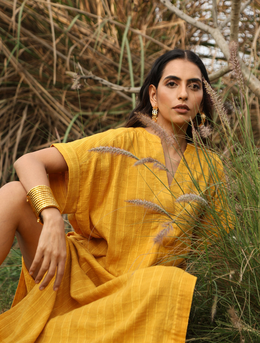 trueBrowns Mustard Cotton Dobby Oversized Dress