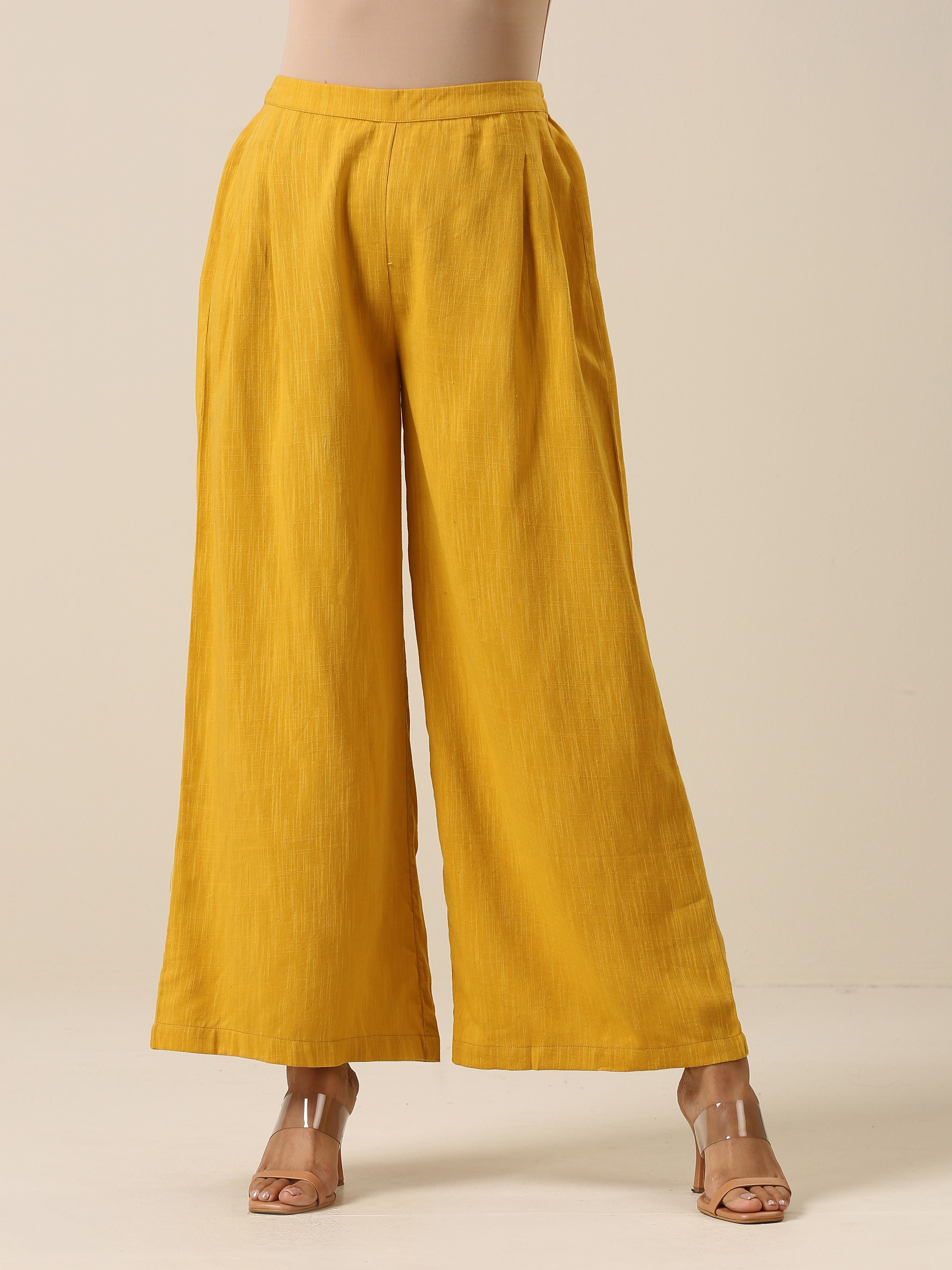 trueBrowns Mustard Yellow Slub Texture Sleevesless Jacket Pant Set