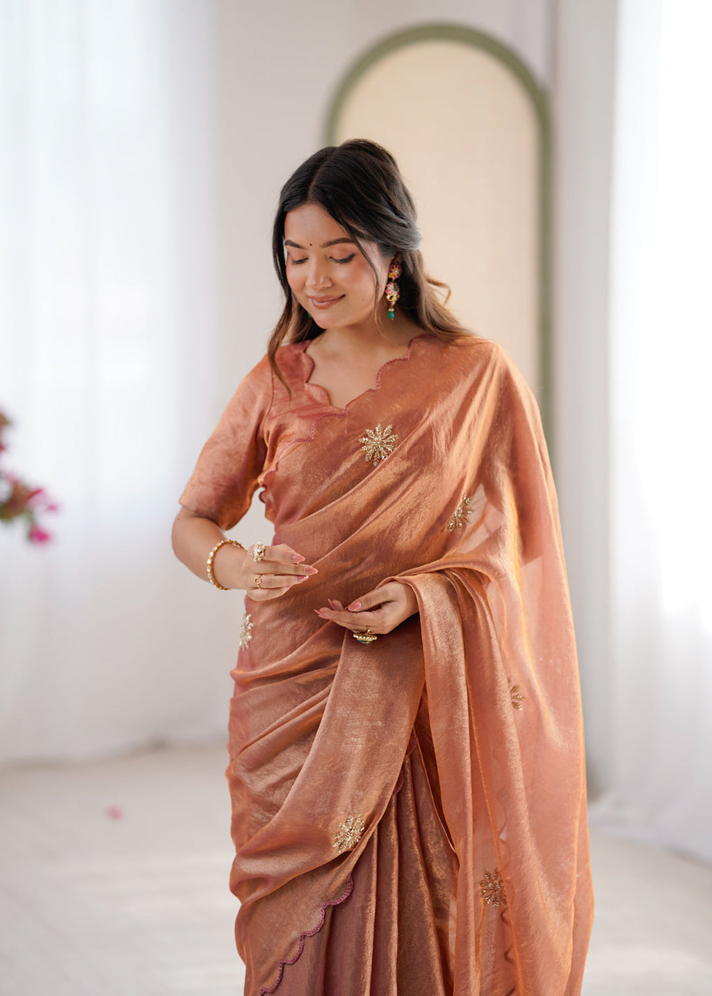 Evanik Designer Heavy Fendy Satin With Beads Embroidered Work Saree With Unstitched Blouse