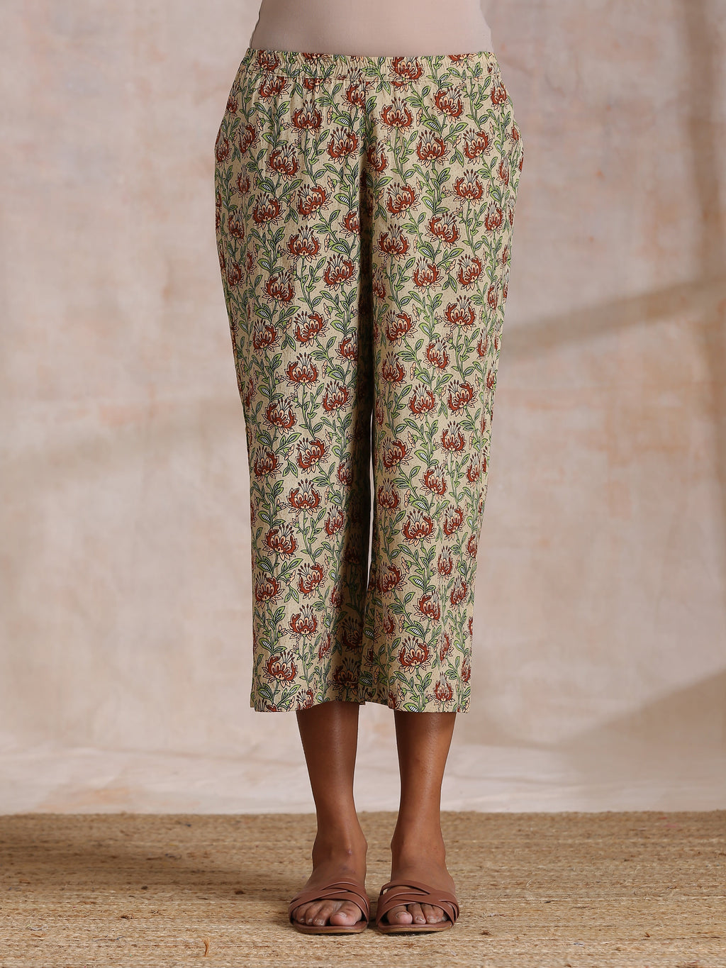 trueBrowns Beige Overall Brown Floral Block Print Cotton High-Low Co-Ord Set