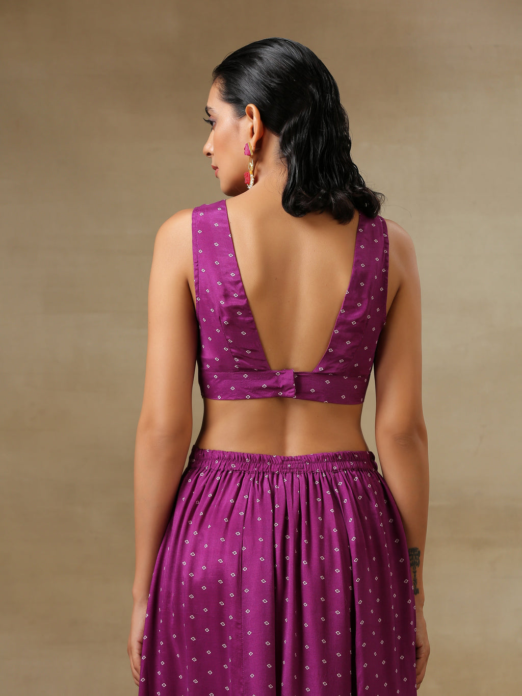 trueBrowns Purple Bandhani Printed Silk Top Skirt Jacket Set