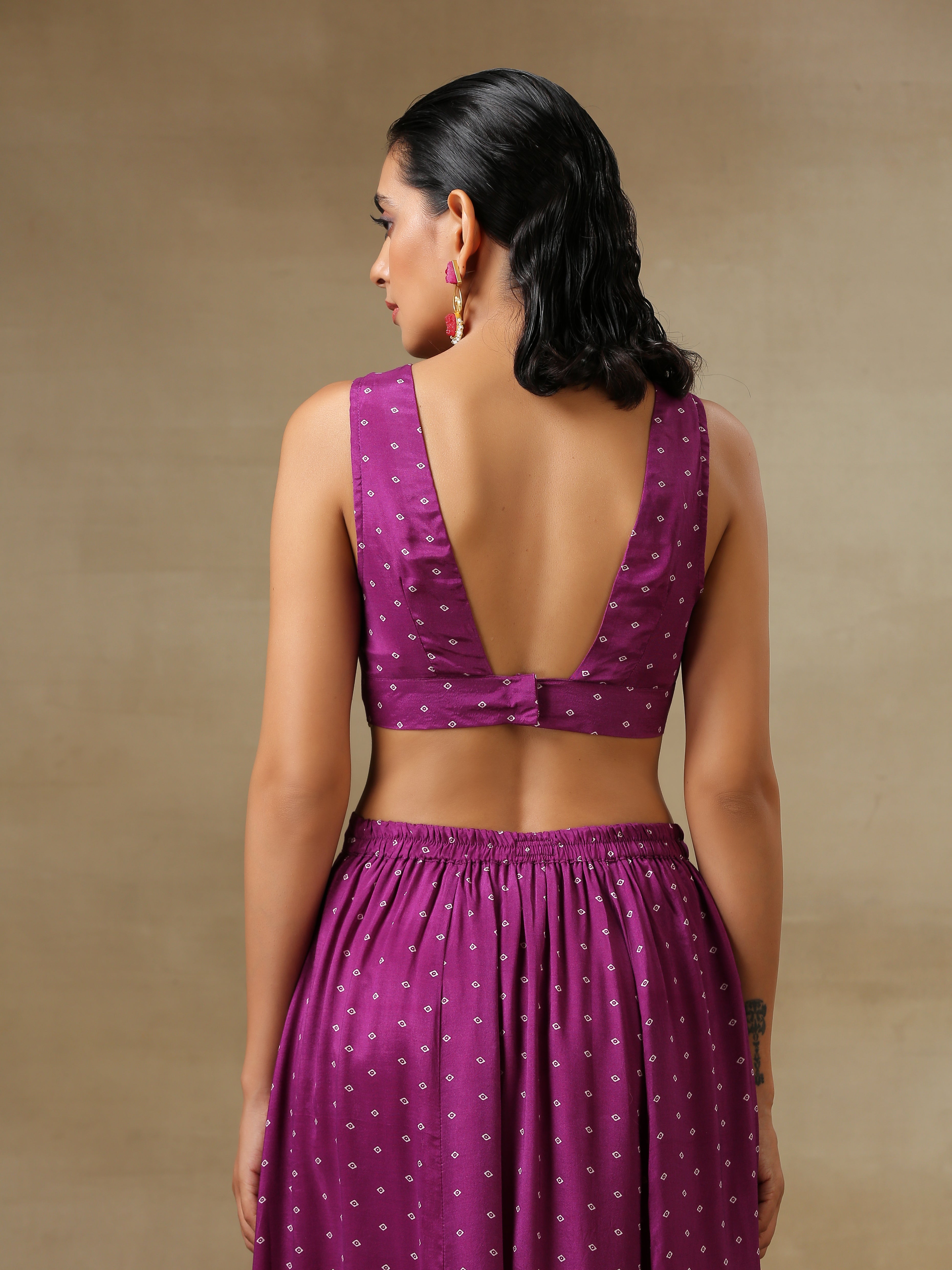 trueBrowns Purple Bandhani Printed Silk Top Skirt Jacket Set