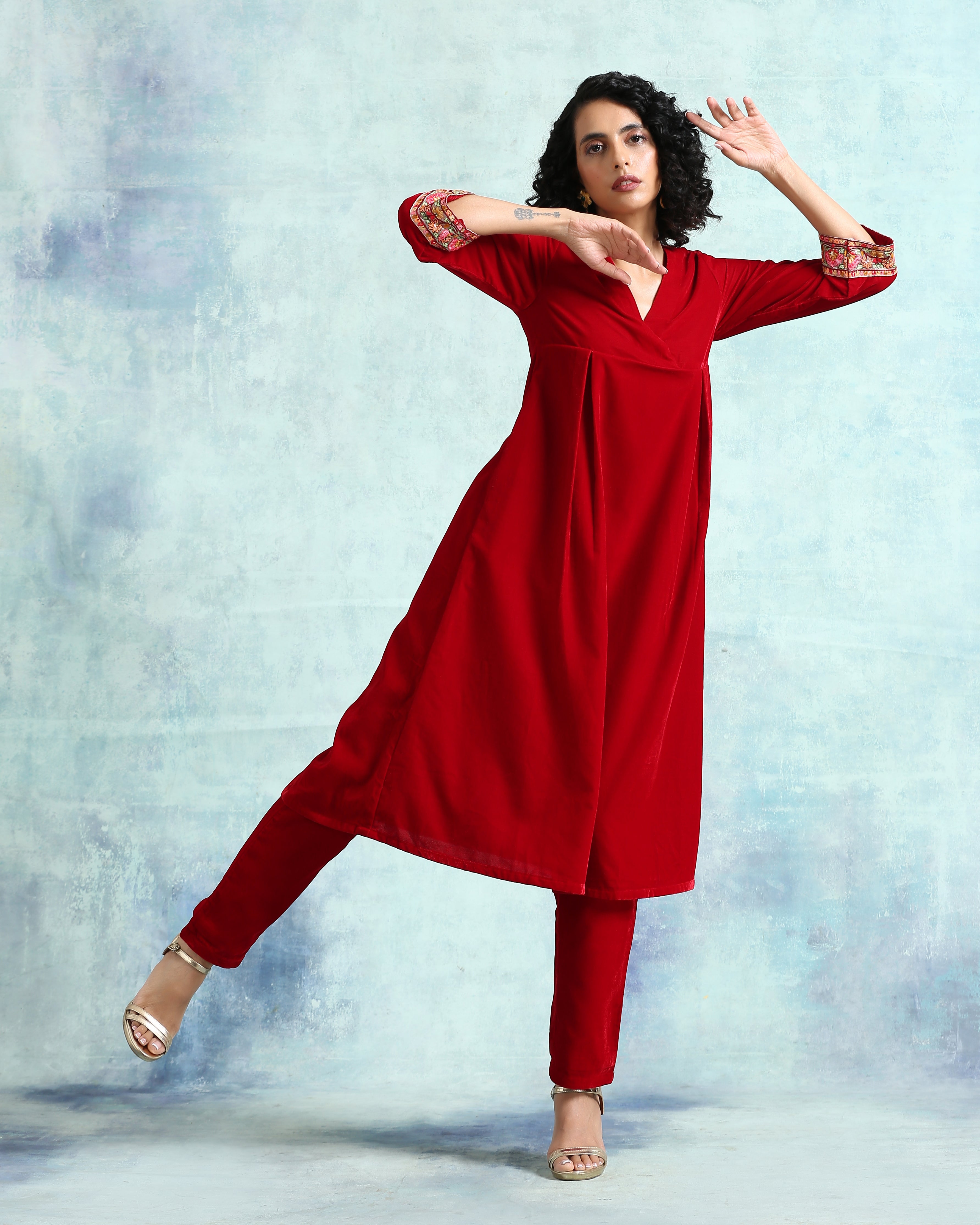 trueBrowns True Red Velvet Yoke Kurta