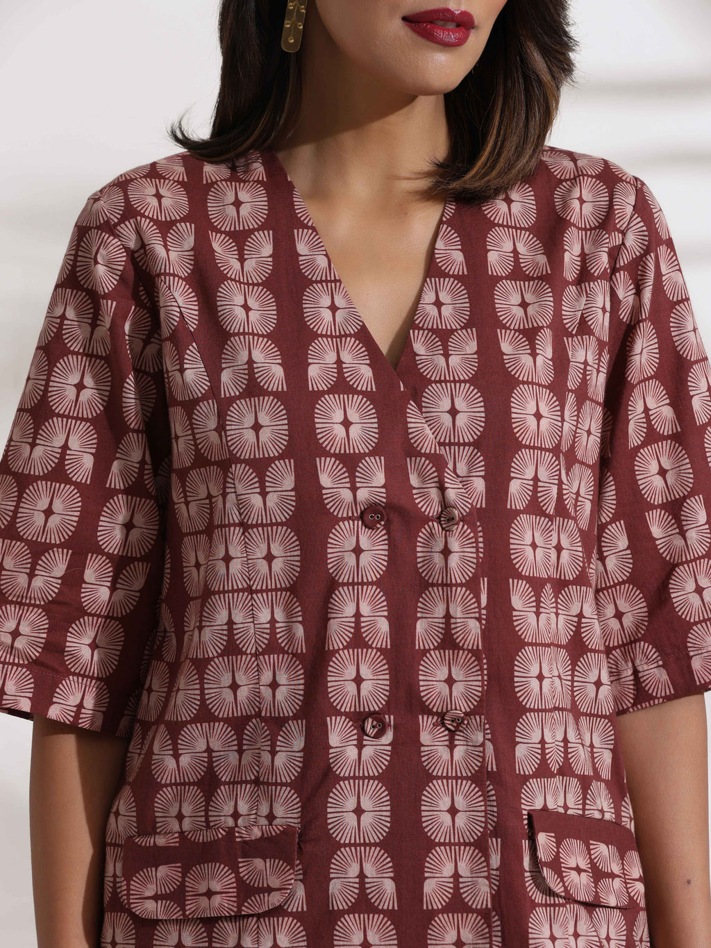 trueBrowns Brown Cotton Print Jacket Top & Short Co-ord Set