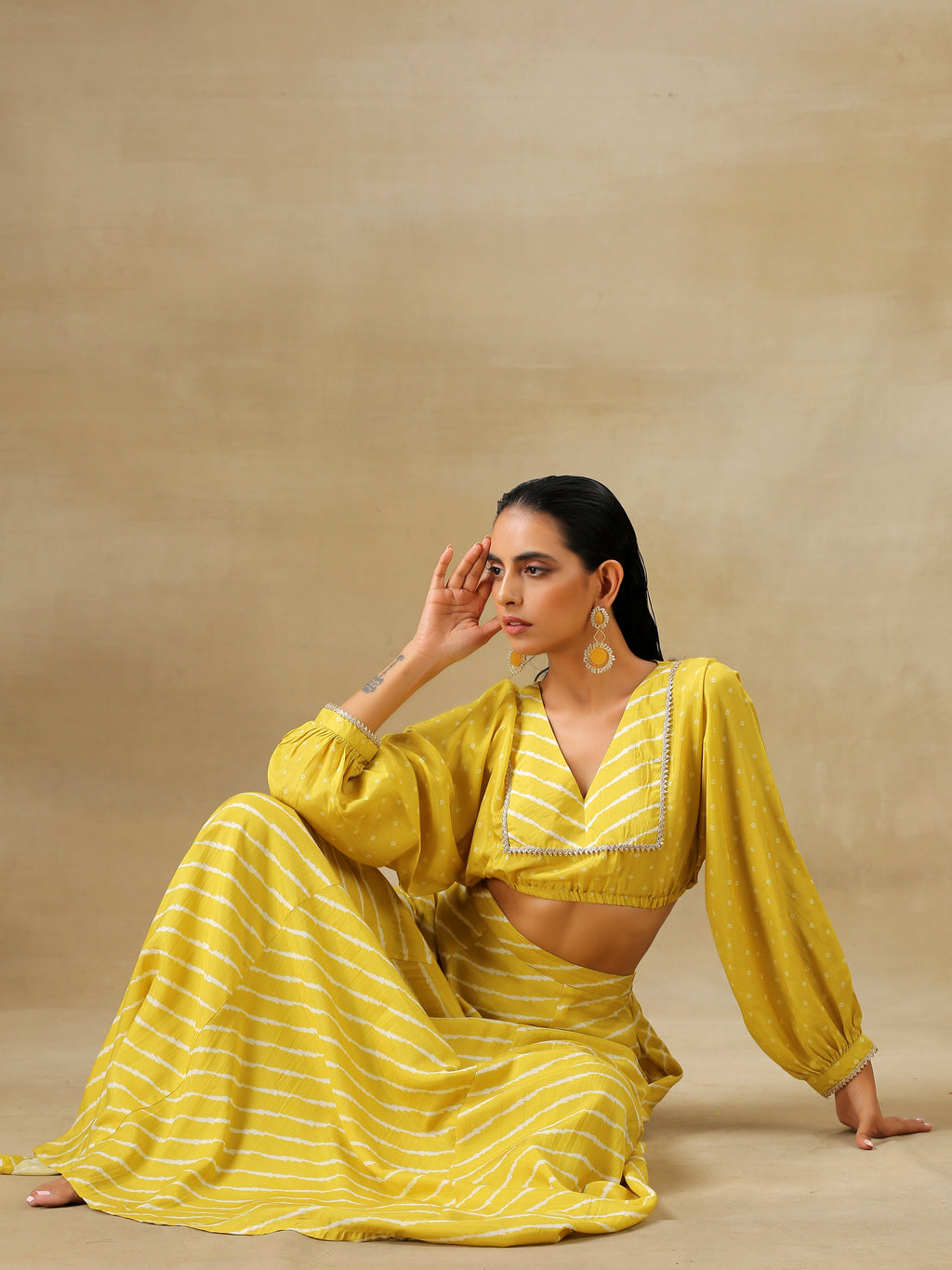 trueBrowns Lime Green Bandhani Printed Silk Top Skirt Set
