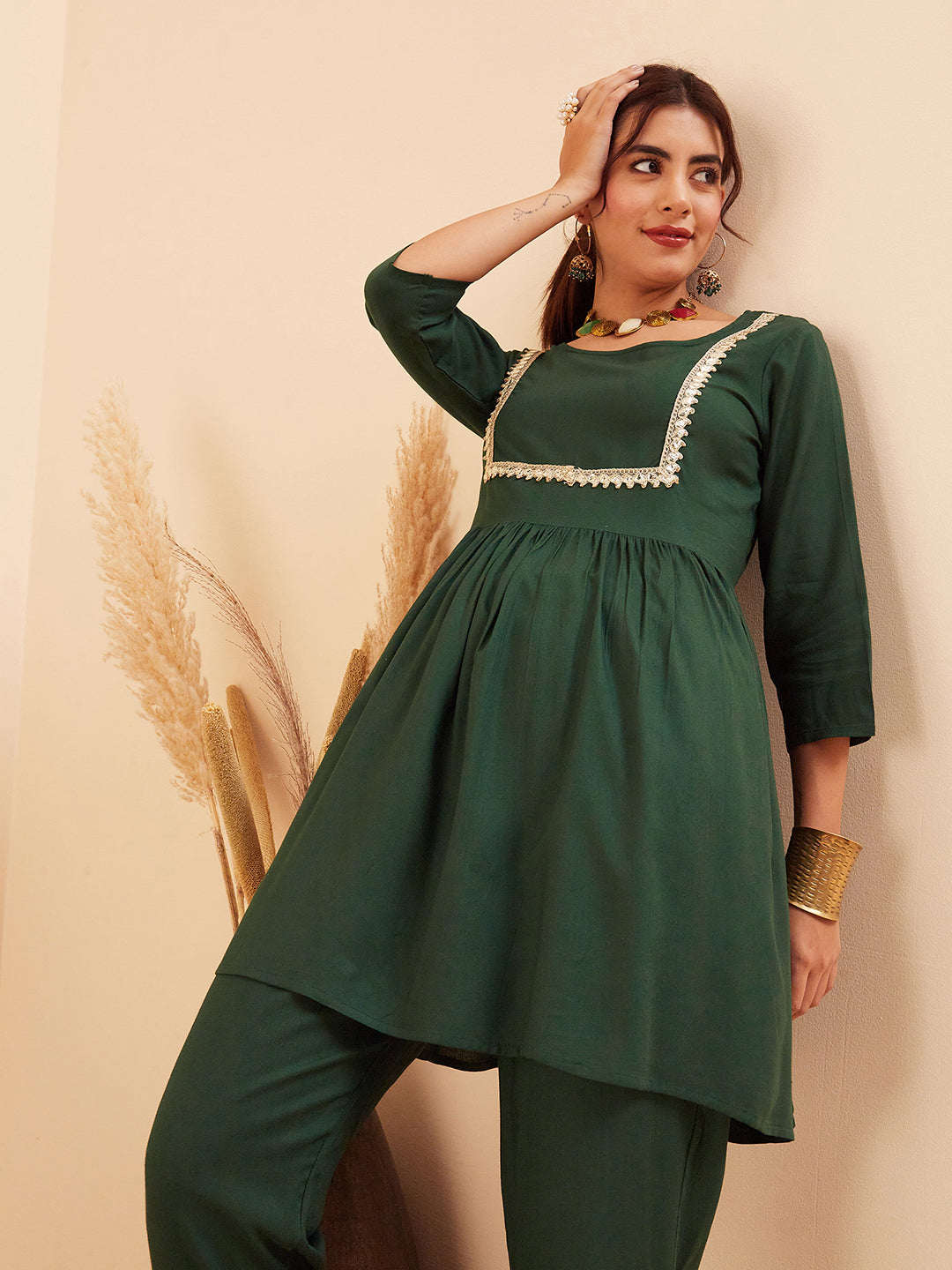 InWeave Women's Forest Green Round Neck Square Gota Work Kurta Pant Set