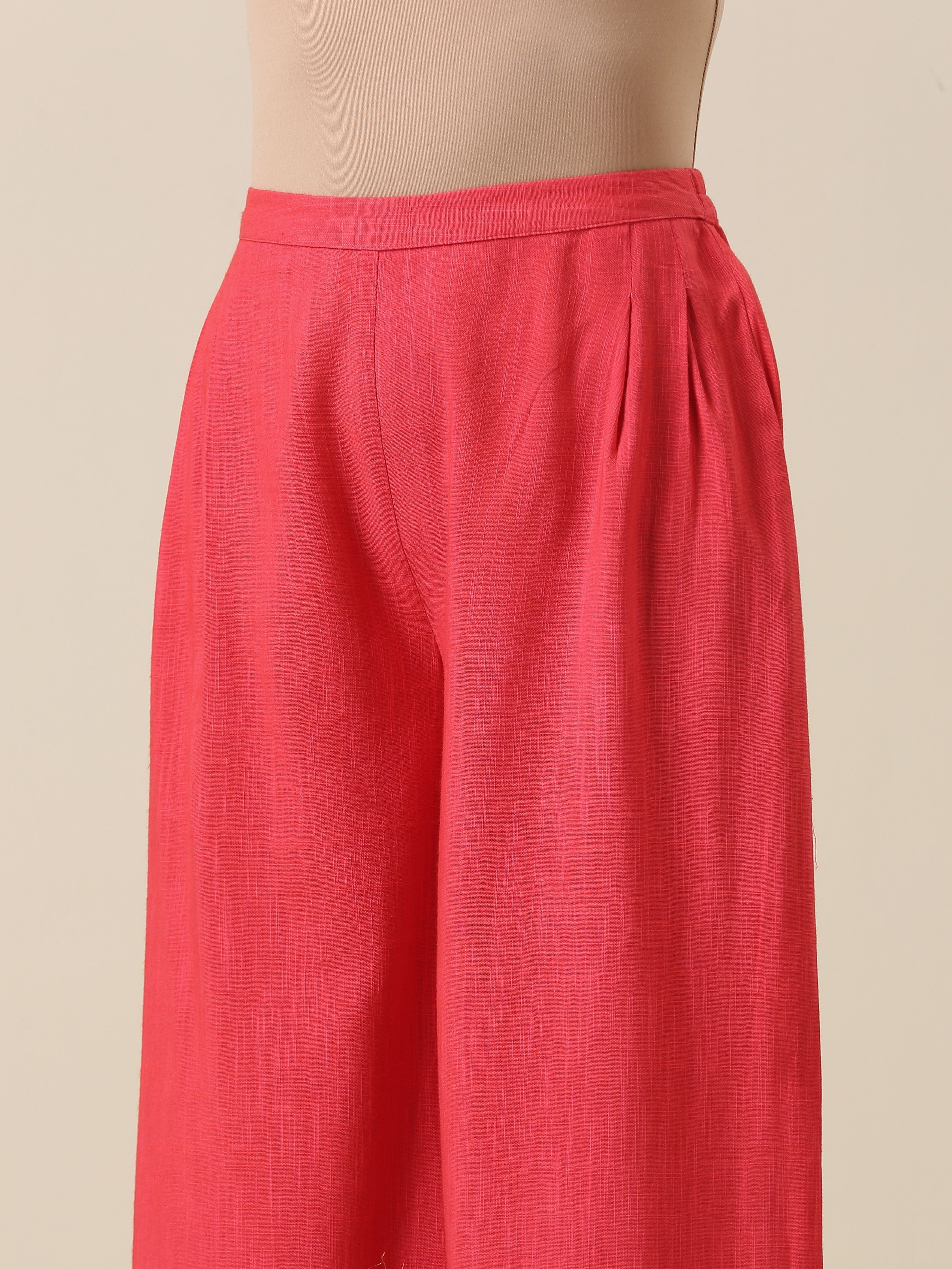 trueBrowns Bright Pink Slub Texture Sleevesless Jacket Pant Set