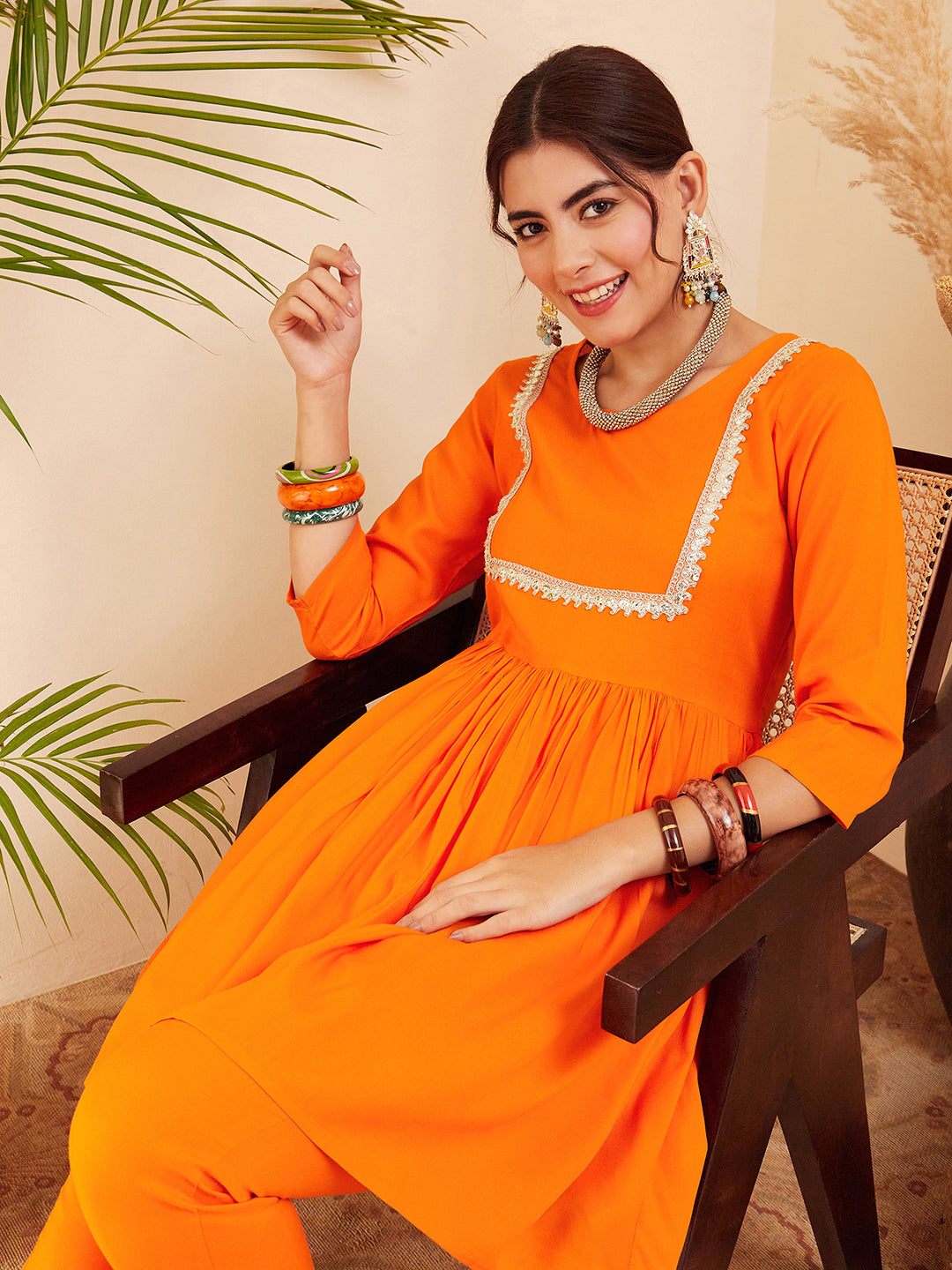 InWeave Women's Orange Round Neck Square Gota Work Kurta Pant Set