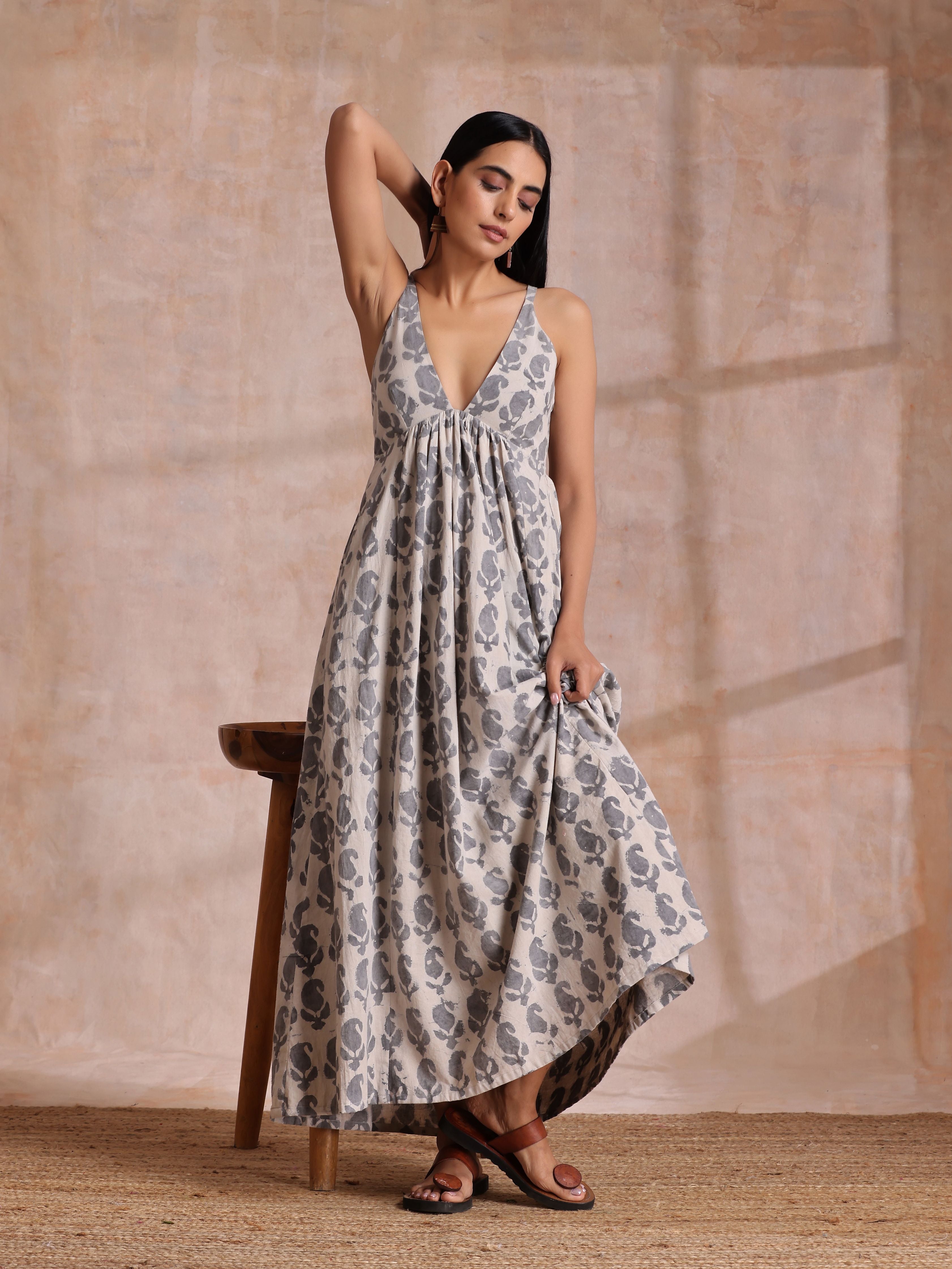 trueBrowns Grey Dabu Buta Print Cotton Sleeveless Dress