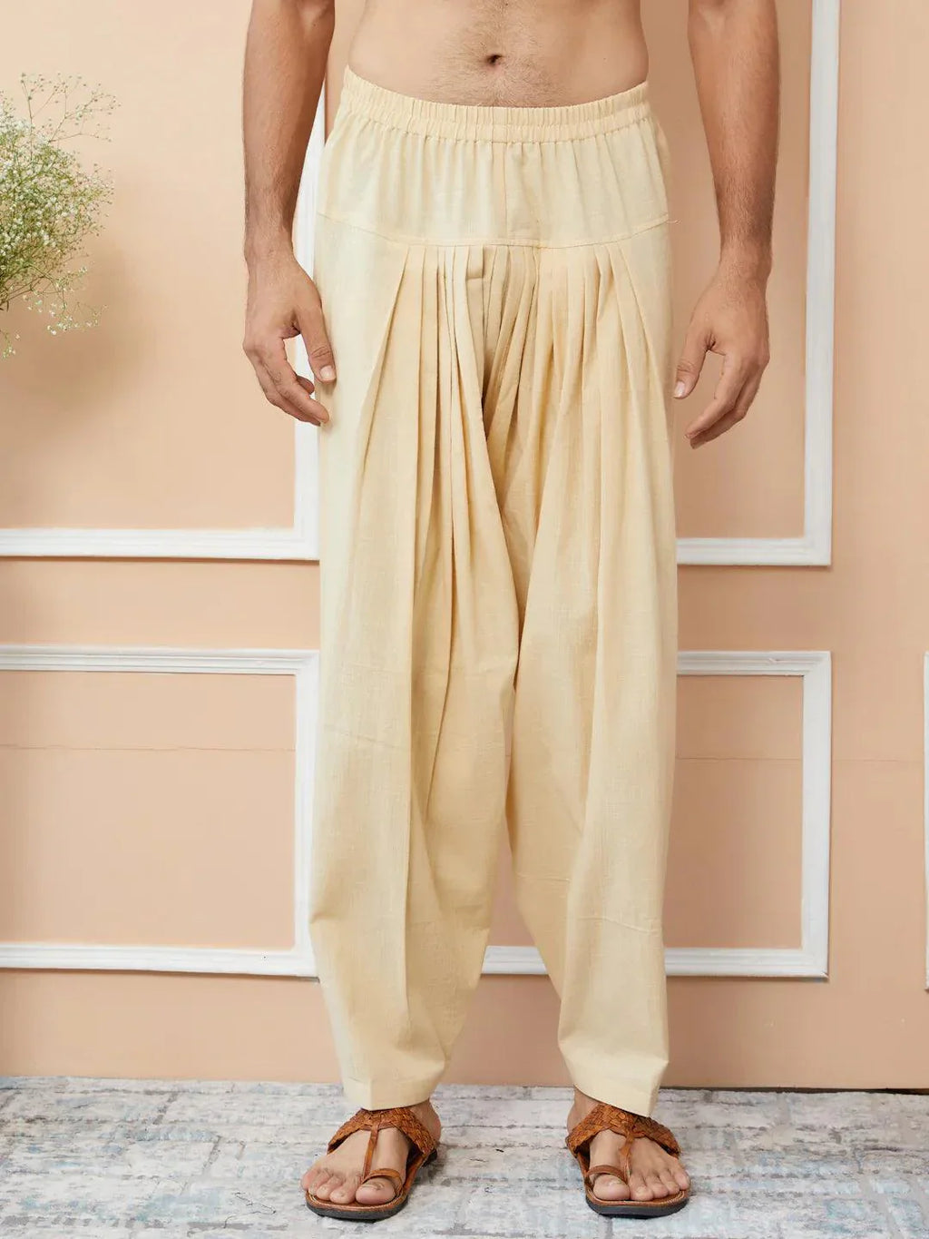 Fabmade Beige Cotton Linen Pathani Kurta With Salwar