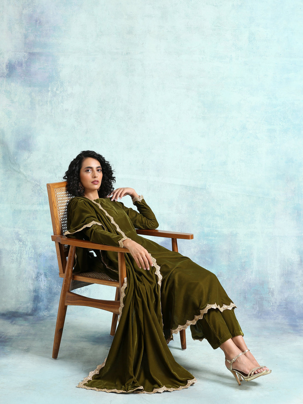 trueBrowns Mehandi Velvet Anarkali Kurta