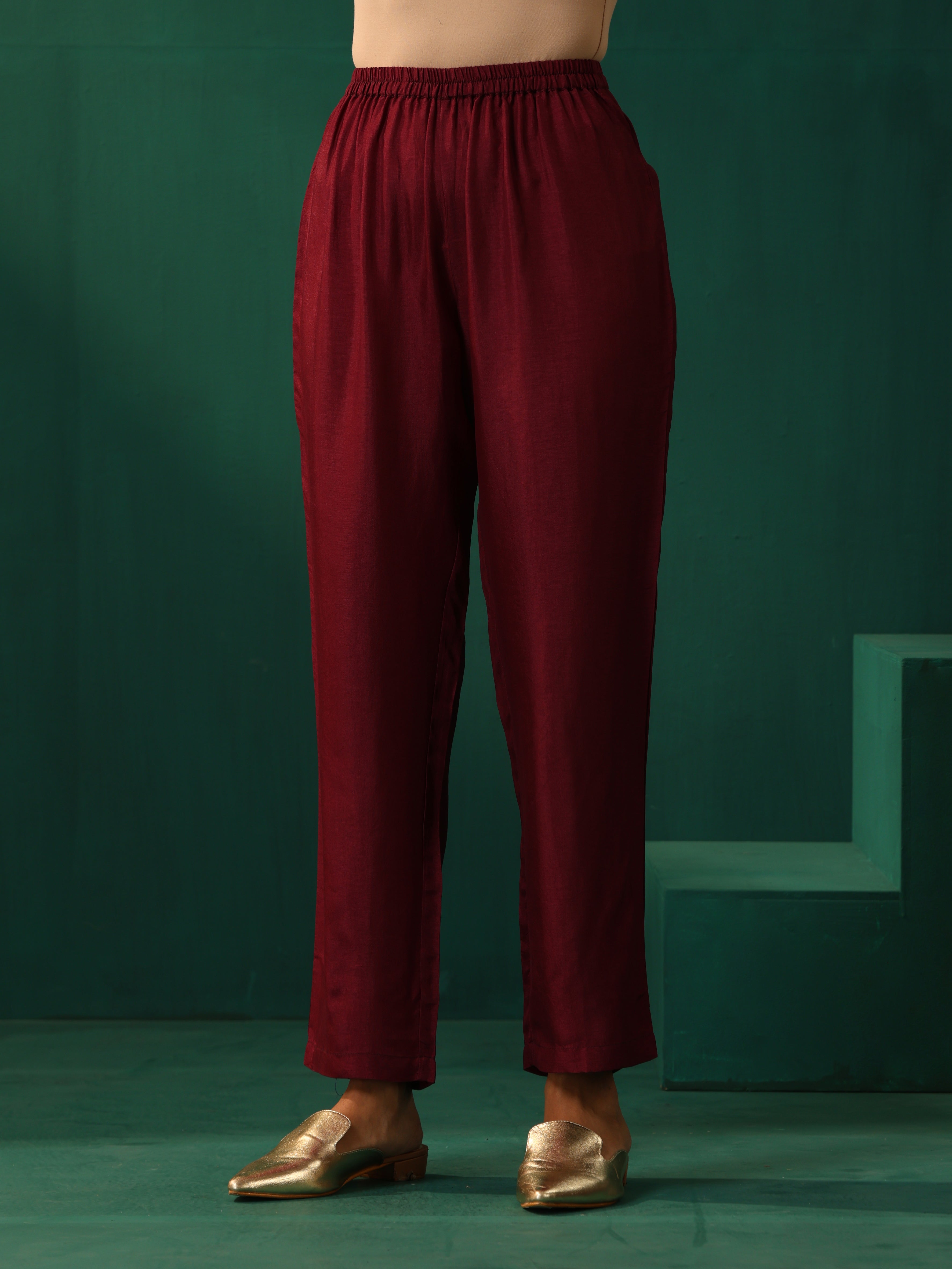 trueBrowns Maroon Diamond Viscose Silk Puff Sleeve Kurta Pant Set