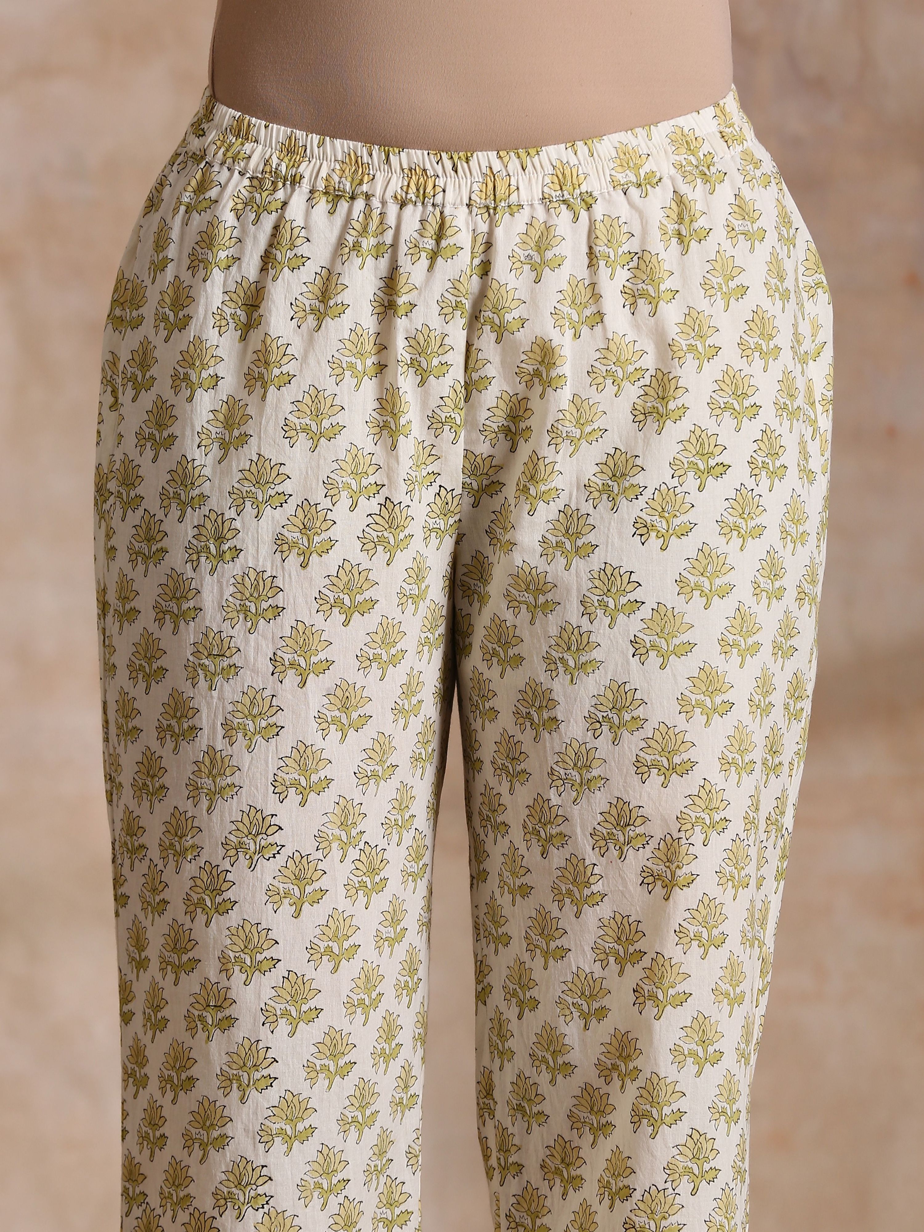 trueBrowns Green Buta On Off-White Block Print Cotton Co-Ord Set