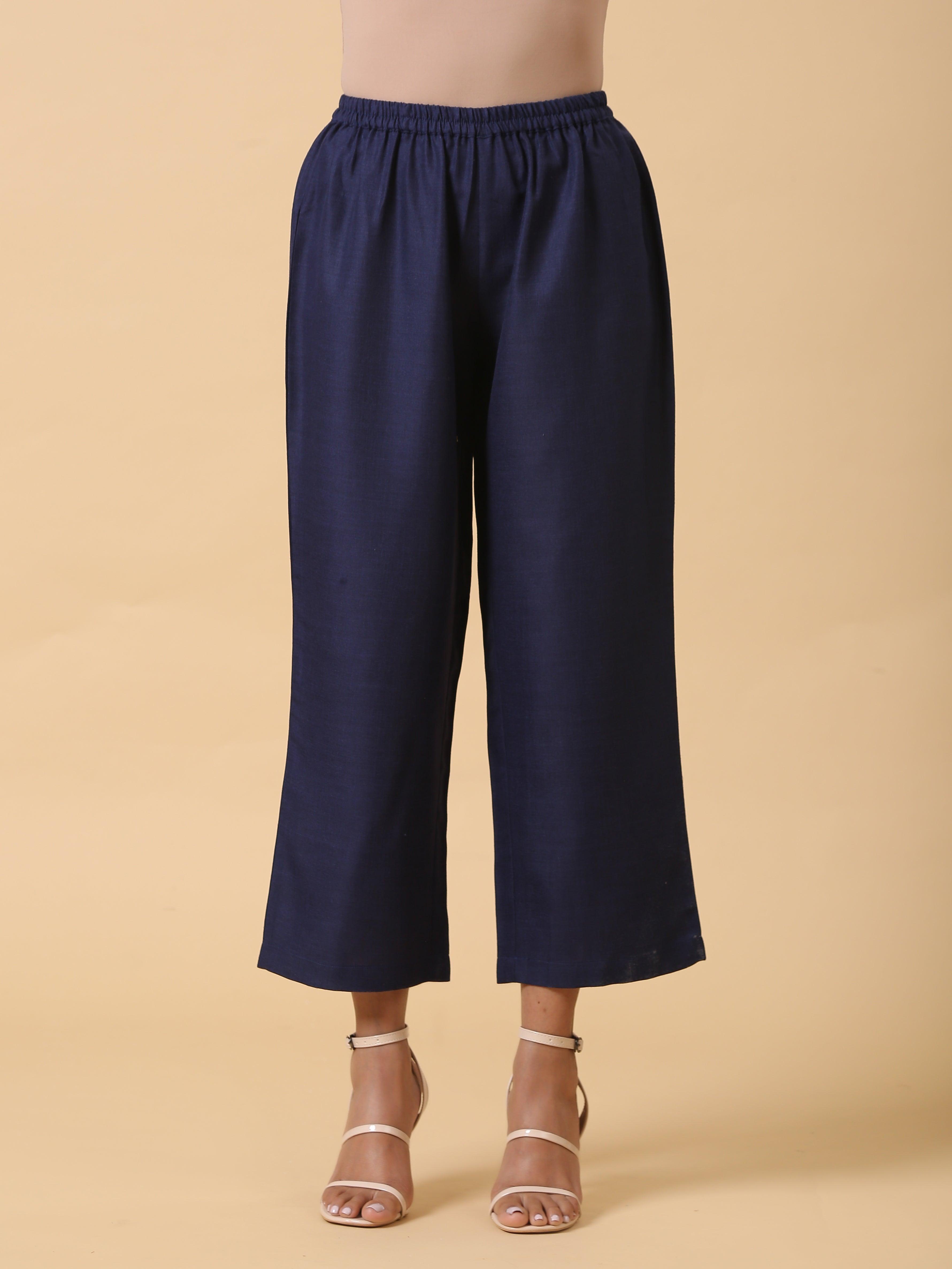 trueBrowns Cotton Linen Dark Blue Kurta Pant Set
