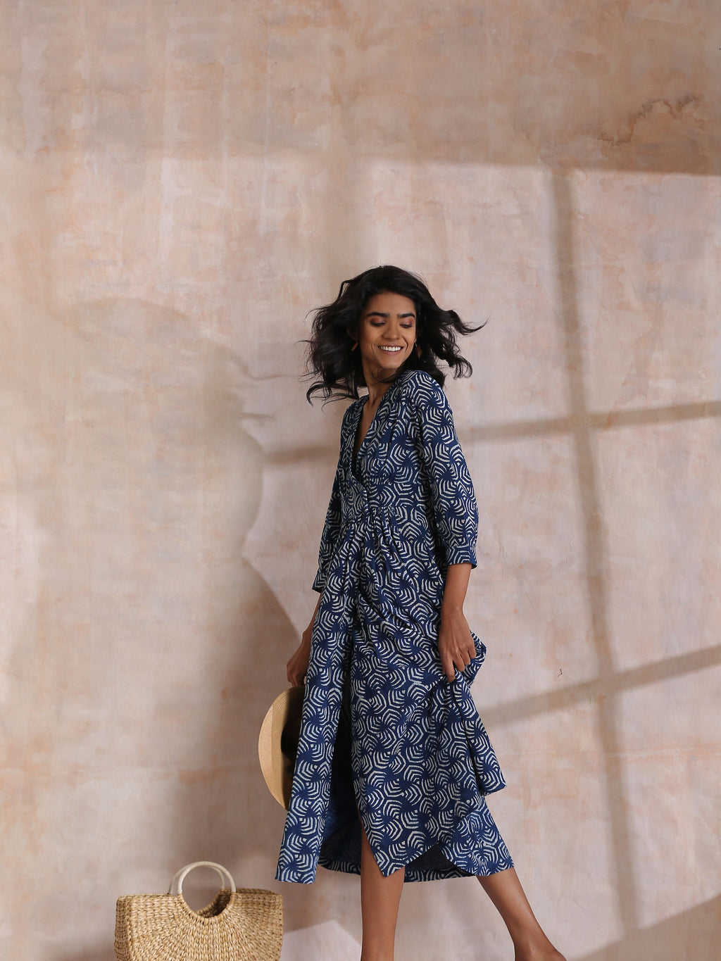 trueBrowns Indigo Dabu Overall Print Cotton Wrap Dress