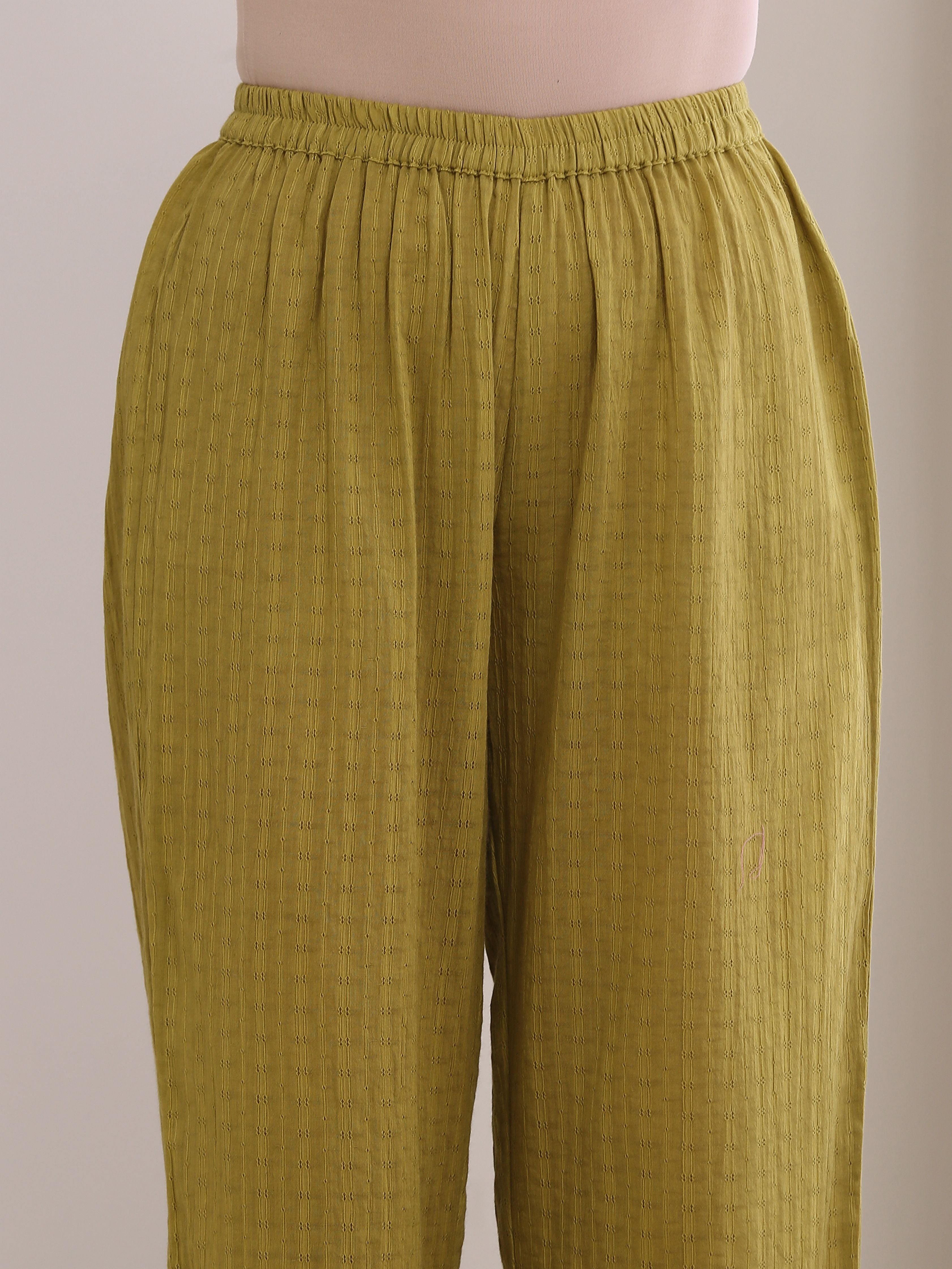 trueBrowns Avacado Green Dobby Flared Slit Kurta Pant Set