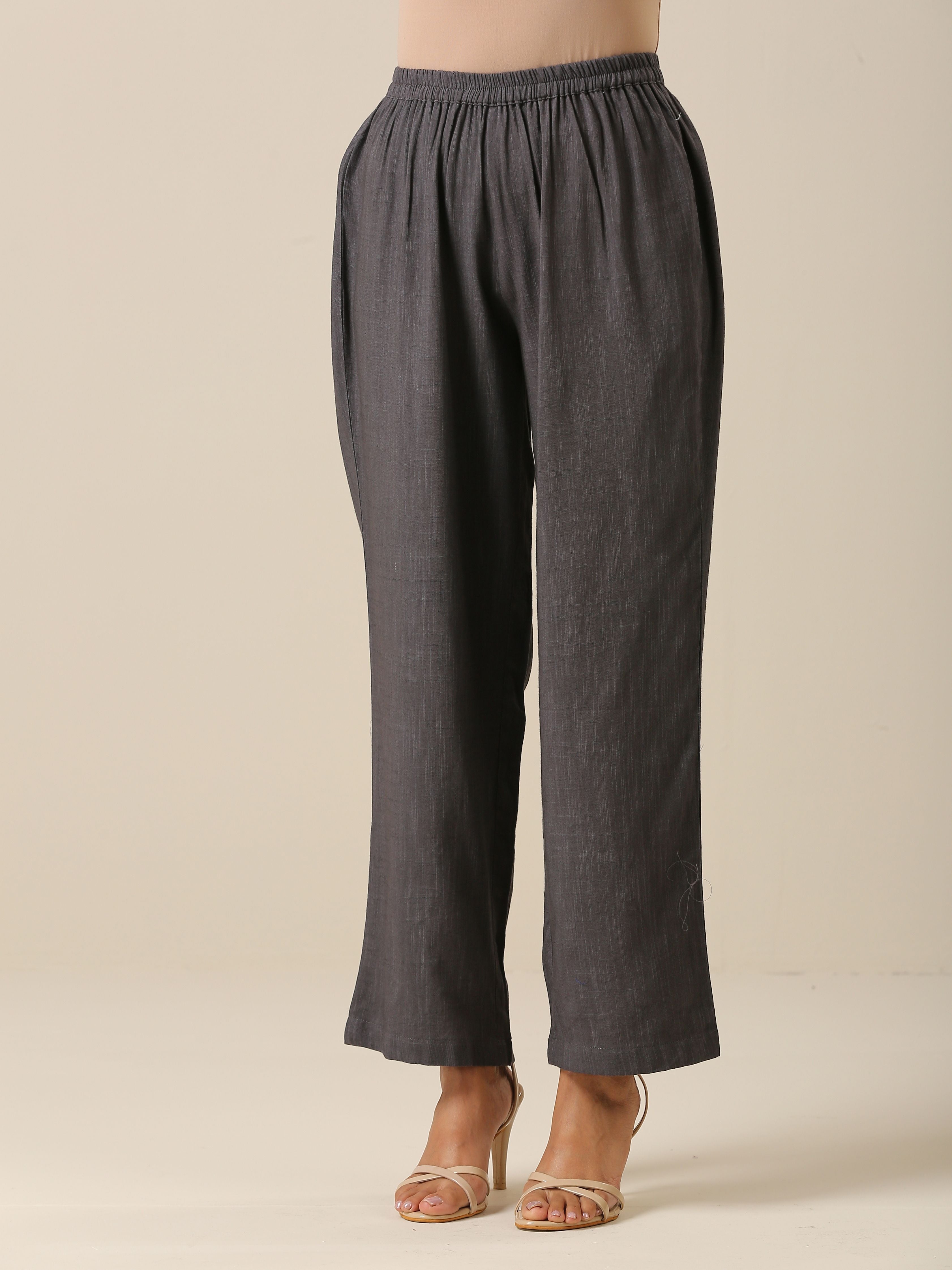 trueBrowns Slate Grey Slub Texture Overlap Pleat Kurta Pant Set