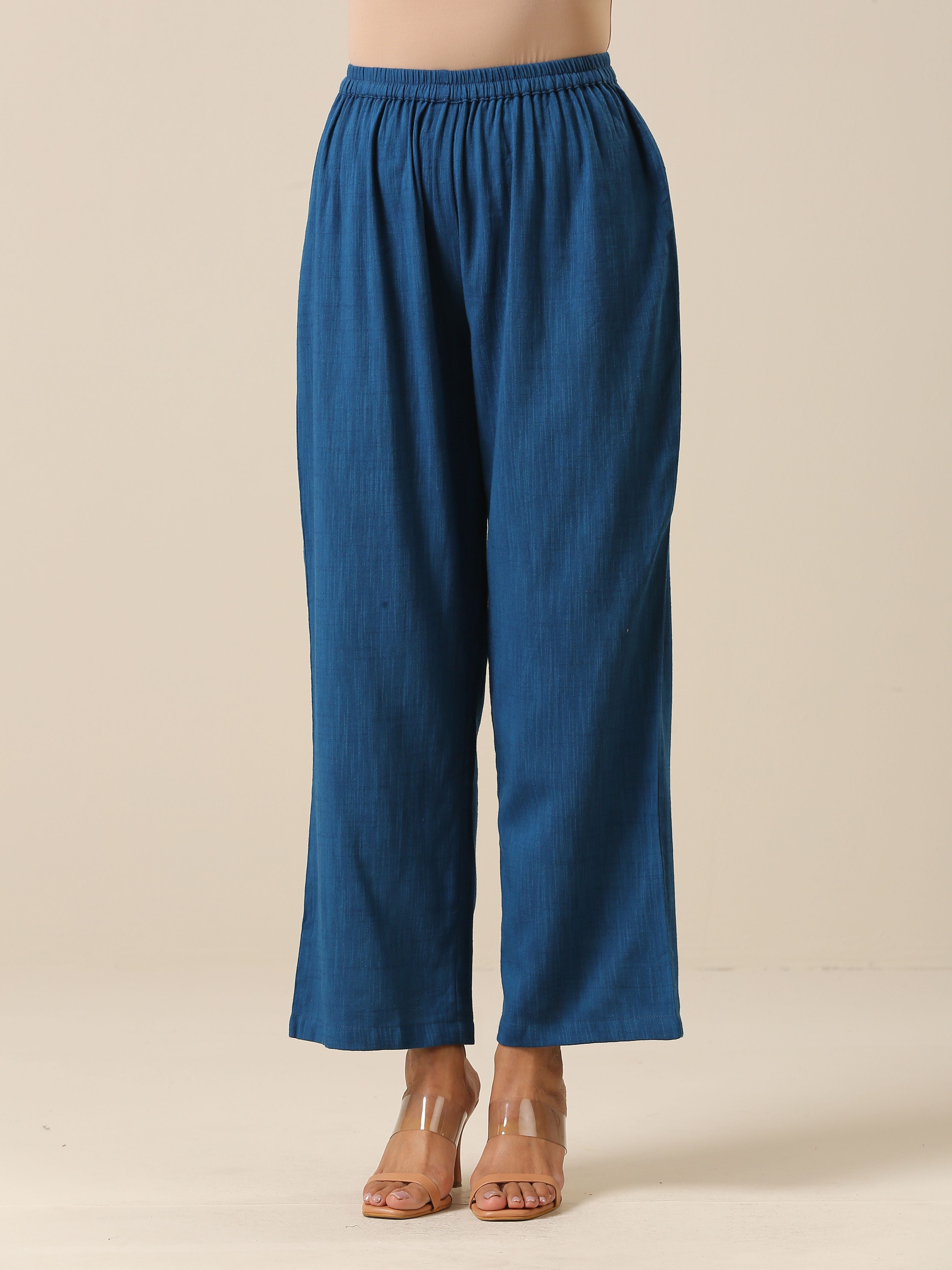 trueBrowns Classic Blue Slub Texture Overlap Pleat Kurta Pant Set