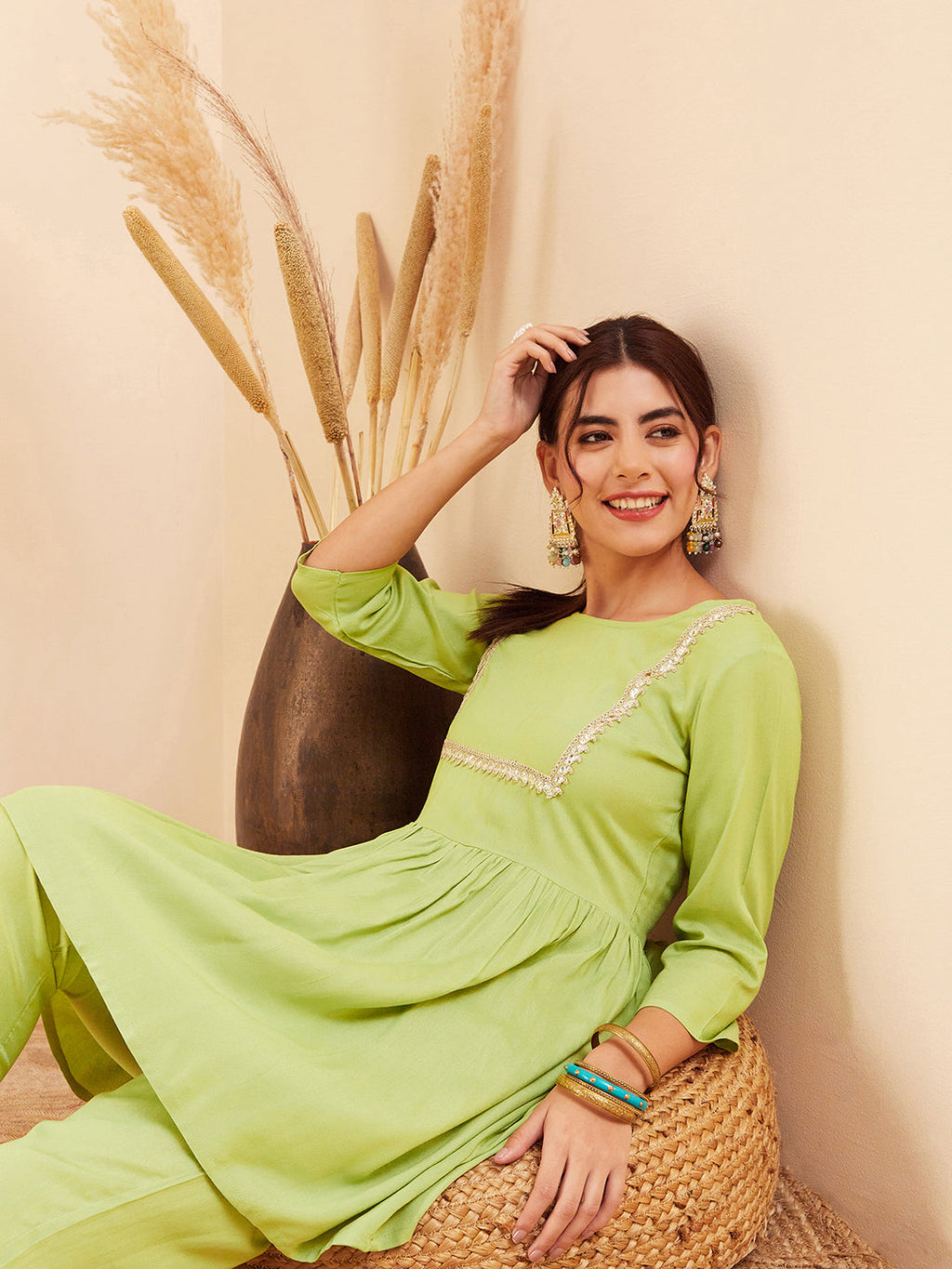 InWeave Women's Pear Green Round Neck Square Gota Work Kurta Pant Set