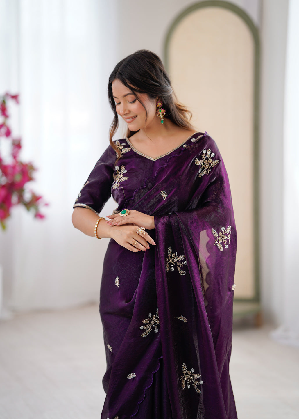 Evanik Designer Heavy Fendy Satin With Beads Embroidered Work Saree With Unstitched Blouse