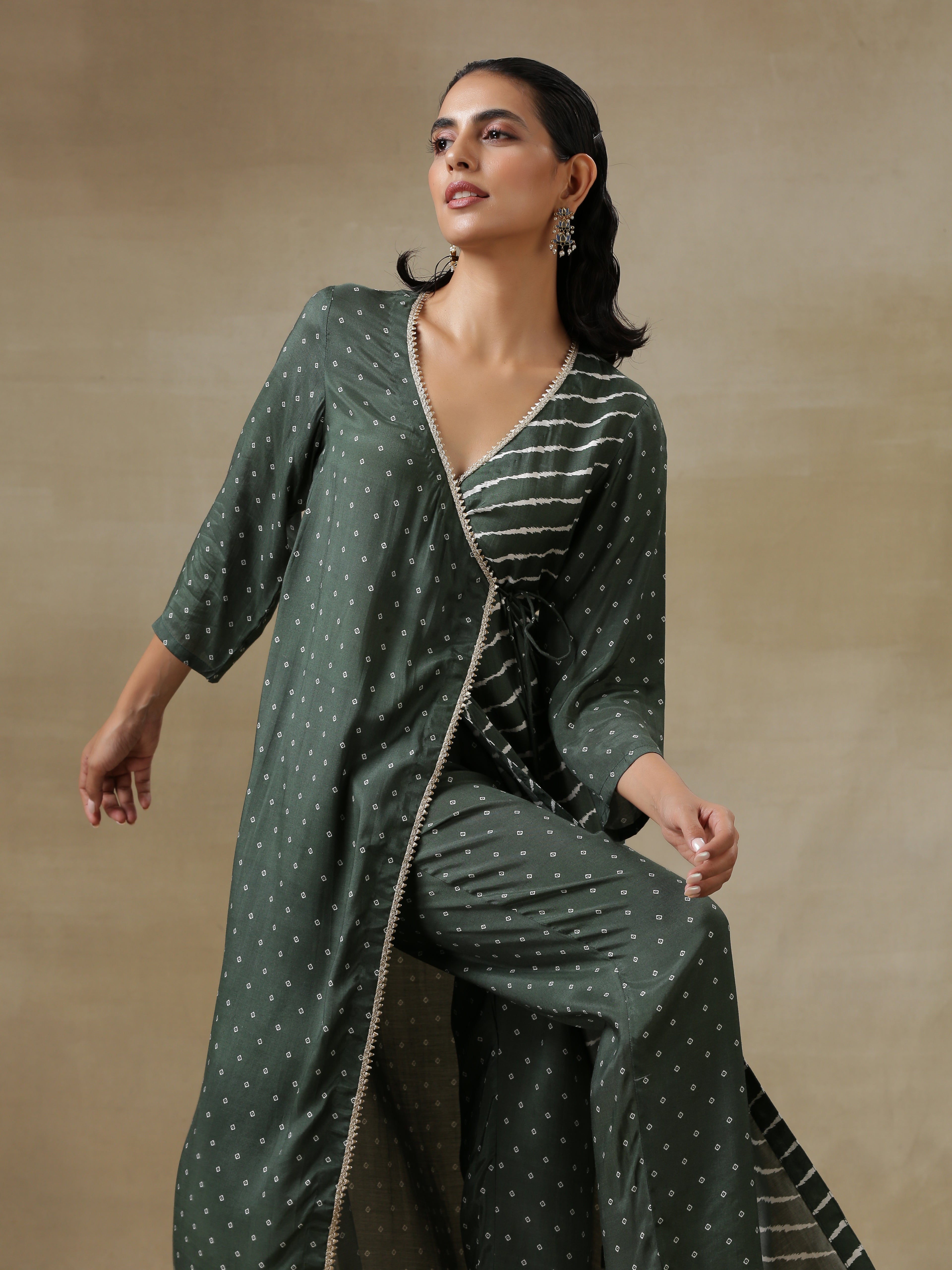 trueBrowns Dark Green Bandhani Printed Silk Angrakha Kurta Pant Set