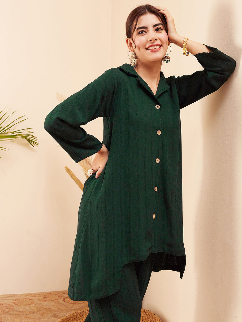 InWeave Women's Forest Green Collared Front Button Blazer Kurta Pant Set