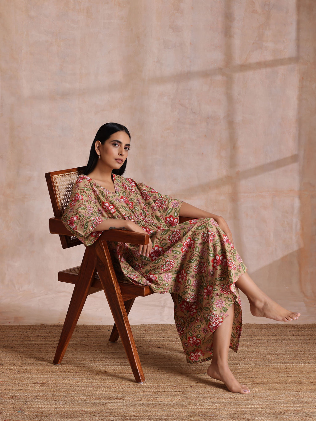 trueBrowns Beige Overall Big Floral Block Print Cotton Kaftan Dress