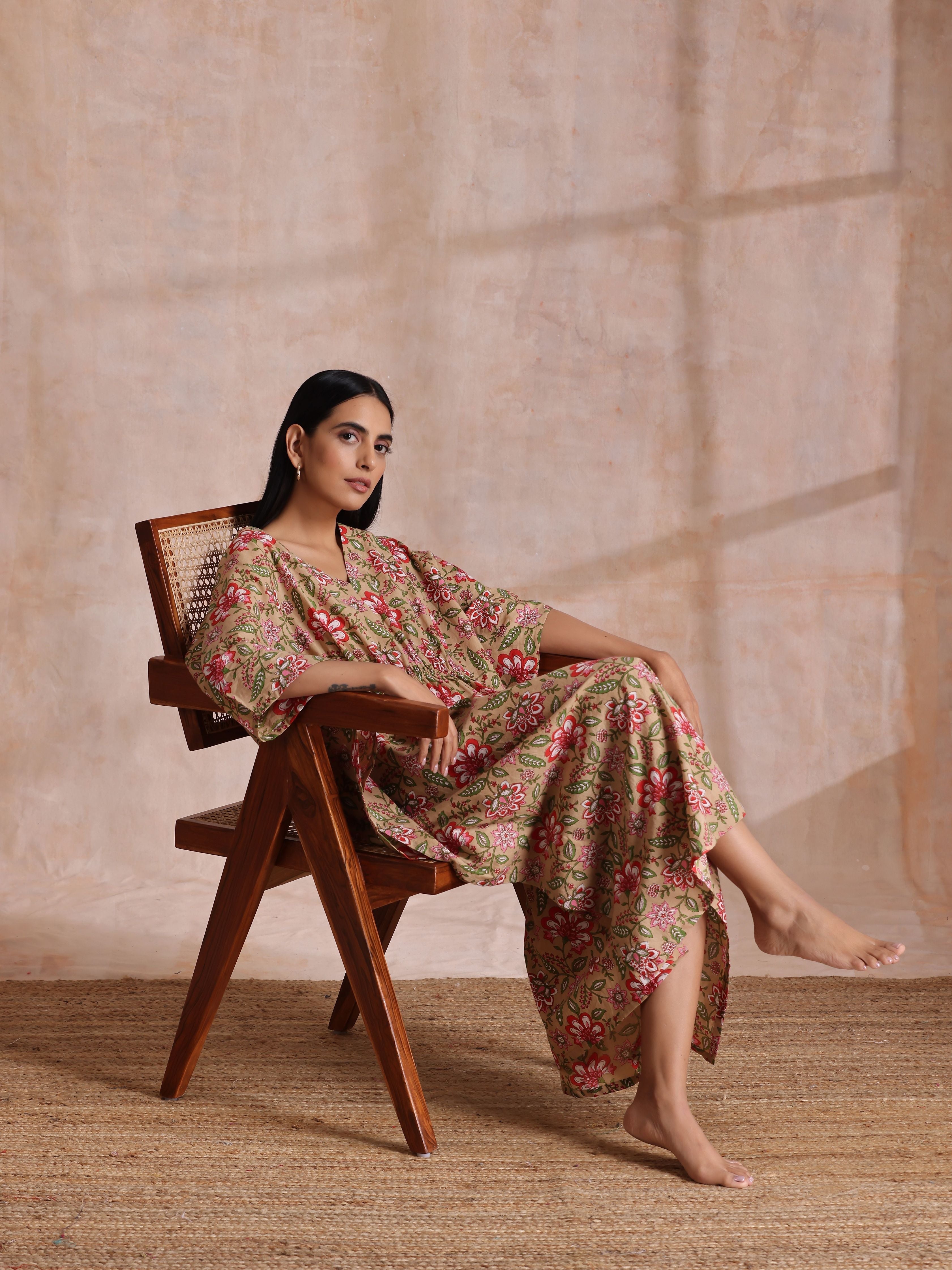trueBrowns Beige Overall Big Floral Block Print Cotton Kaftan Dress