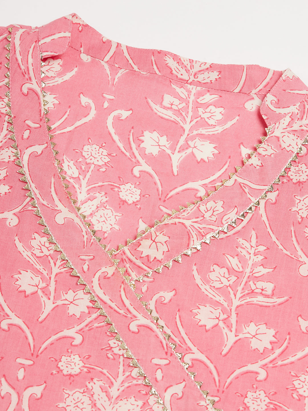 InWeave Women's Light Pink Floral Print Straight Angrakha Gota Kurta