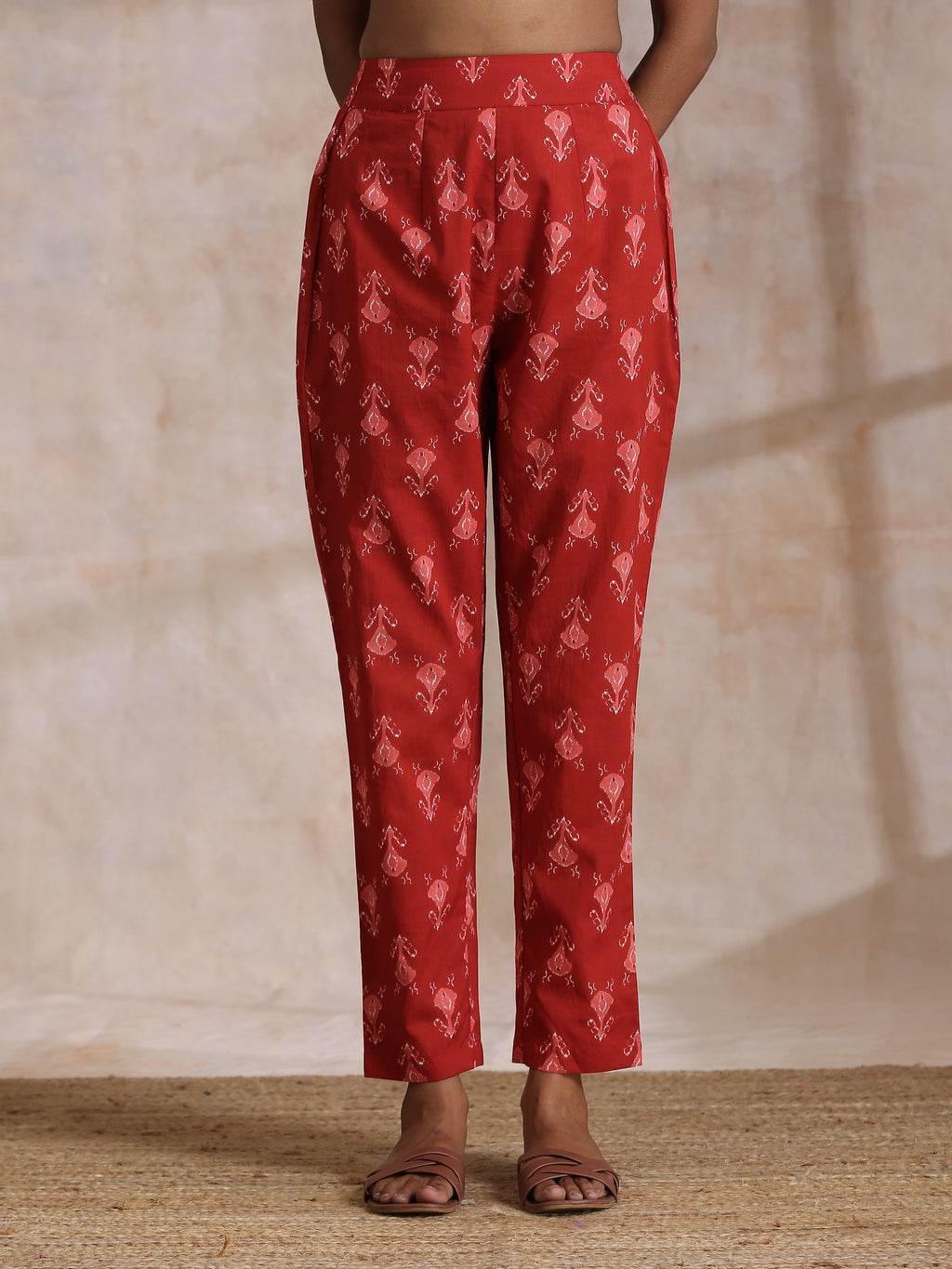 trueBrowns Red On Red Ikat Print Cotton Pant Suit Set