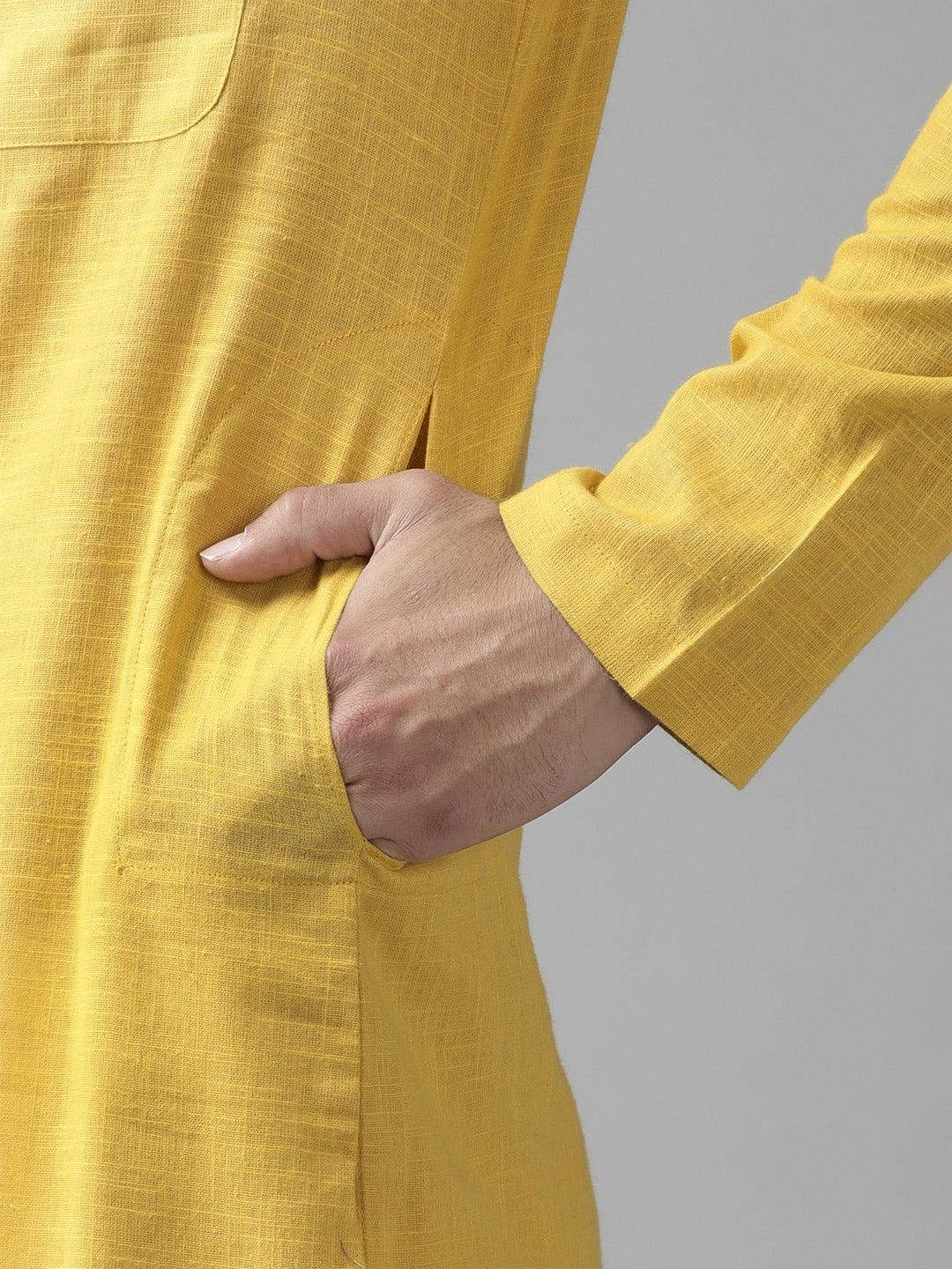 Fabmade Men Yellow Cotton Linen Kurta Pyjama