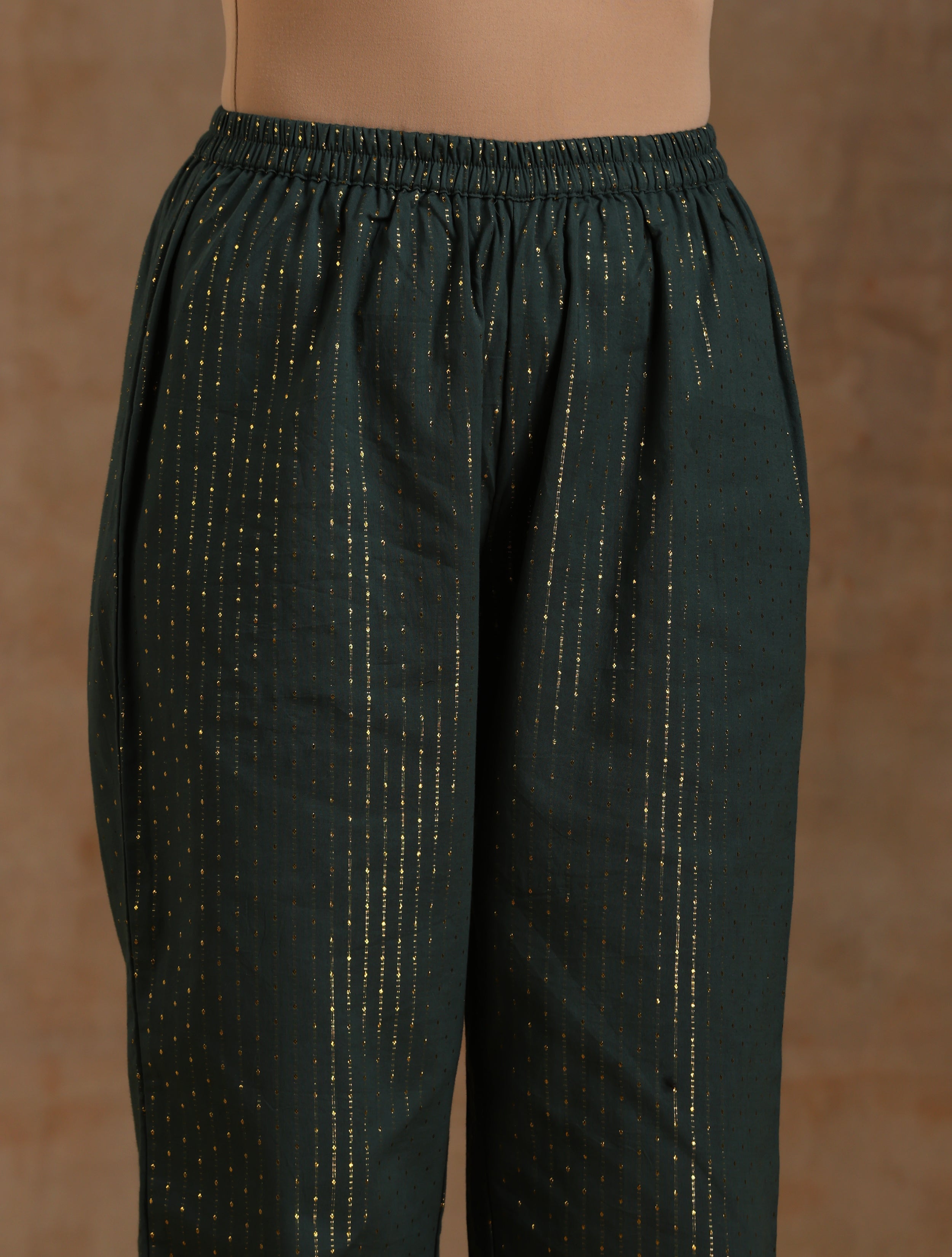 trueBrowns Dark Green Gold Cotton Yoke Kurta Set