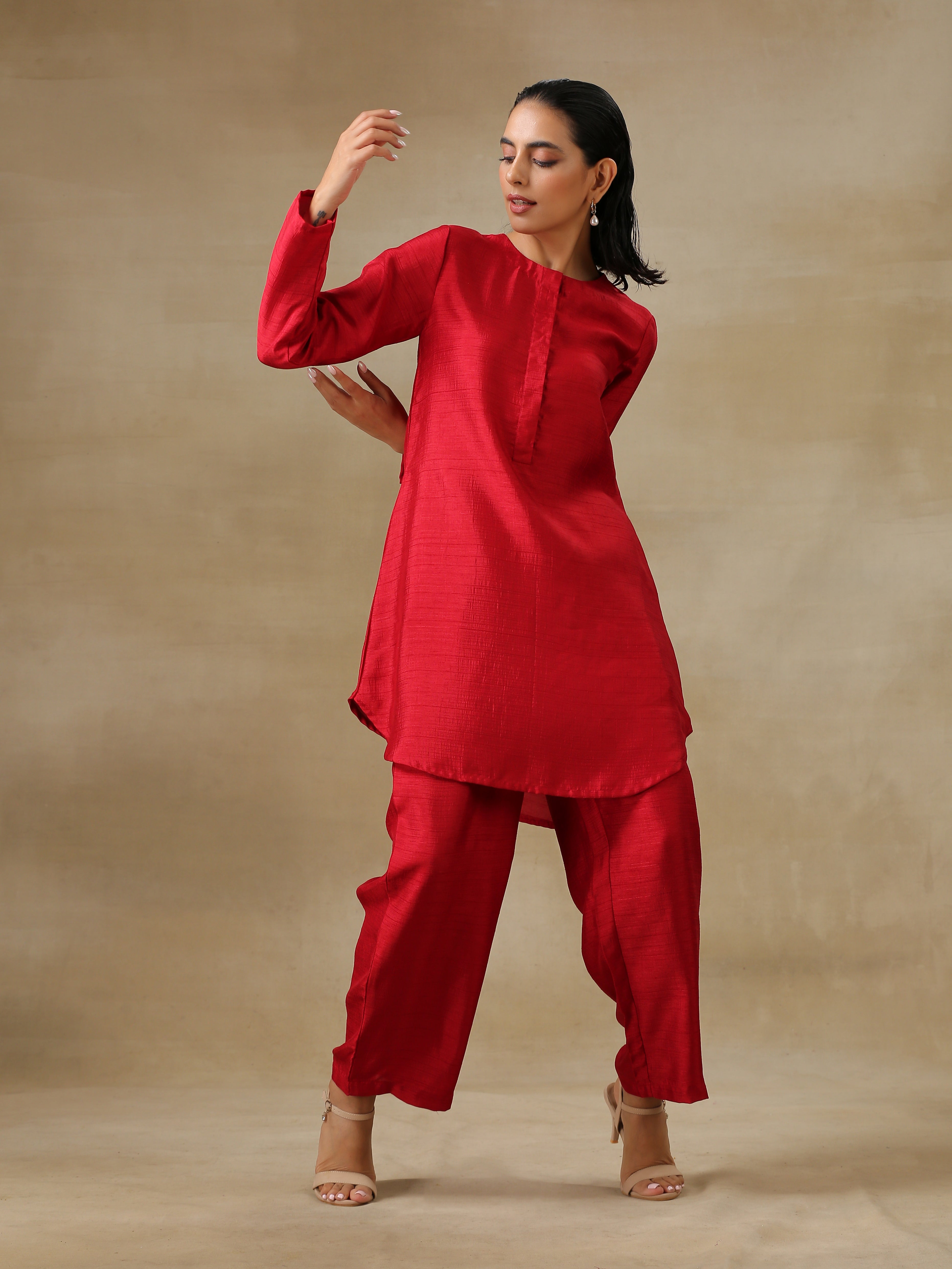 trueBrowns Maroon Textured Silk Front Placket Co-Ord Set