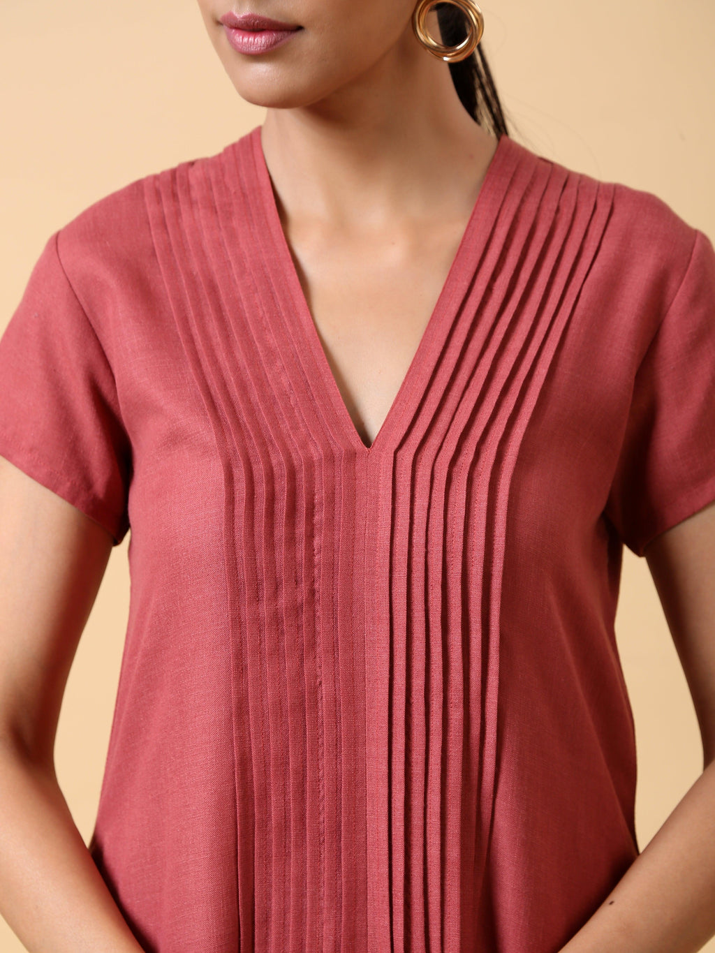 trueBrowns Cotton Linen Rust Red Pleated Dress
