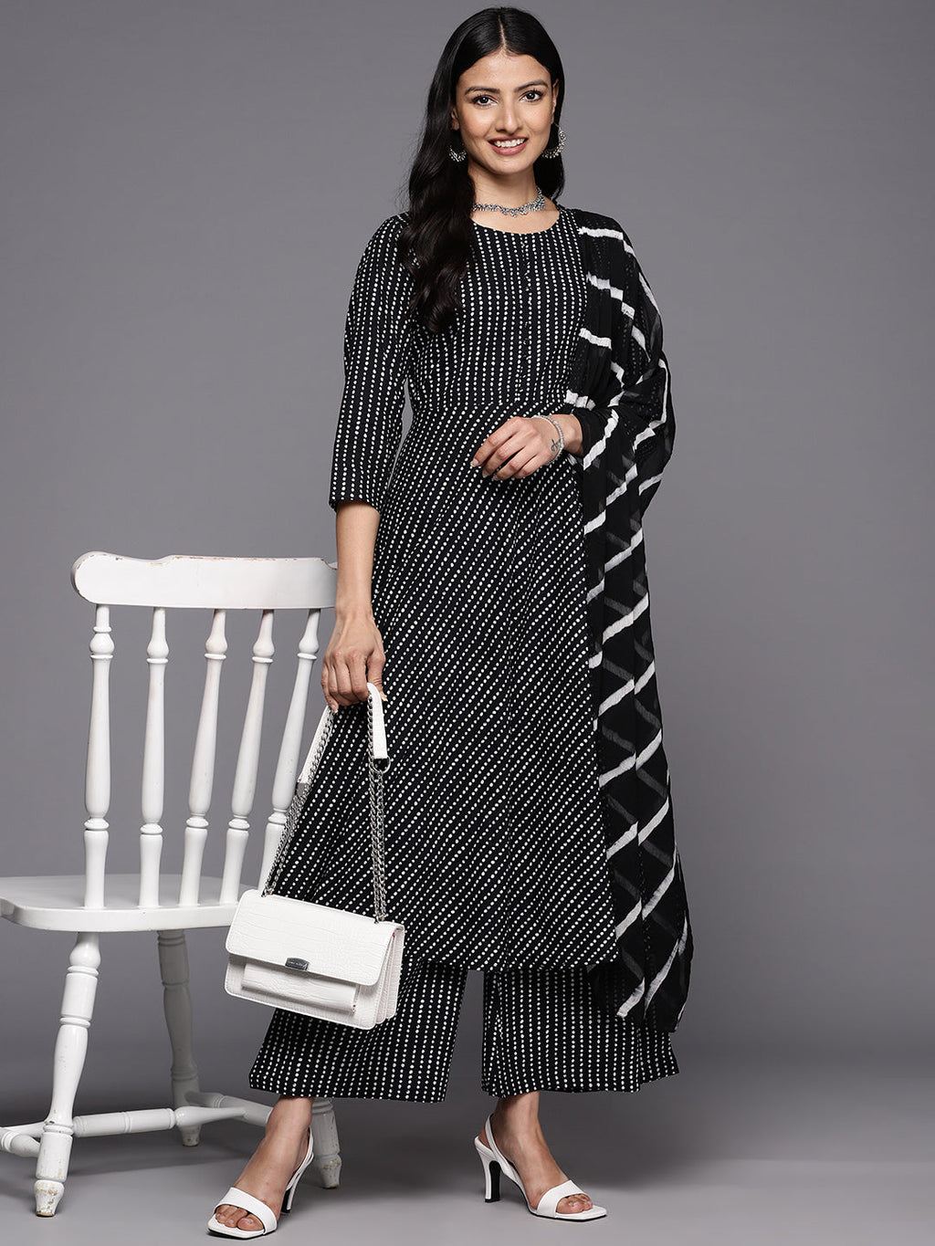 KSUT (House of Varanga) Black And White Cotton Printed Anarkali Kurta Paired With Palazzo And Chiffon Dupatta