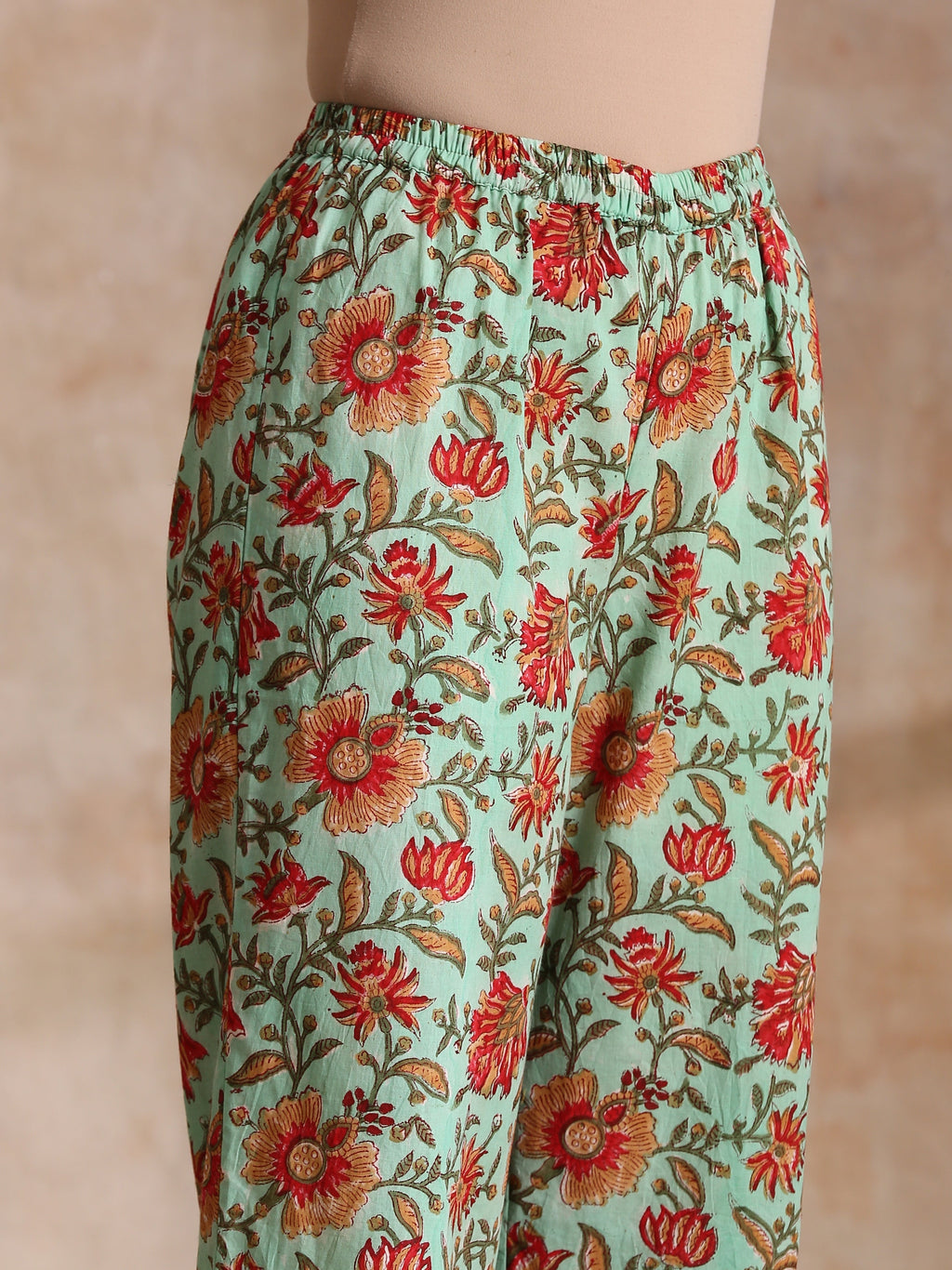 trueBrowns Seafoam Green Overall Floral Block Print Cotton Angrakha Pant Set