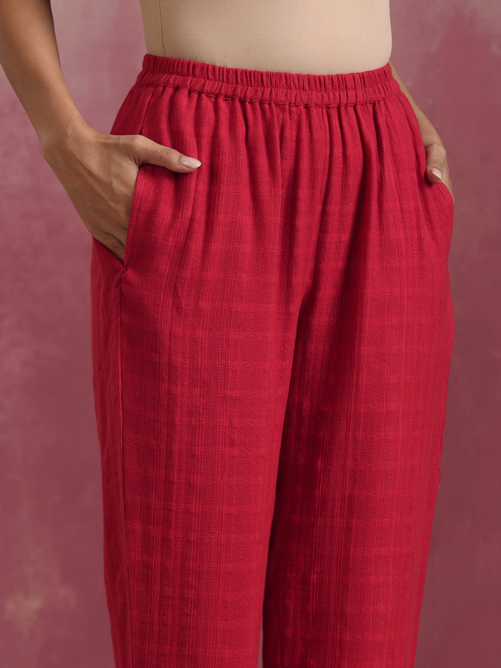 trueBrowns Red Cotton Dobby Kurta Co-ord set